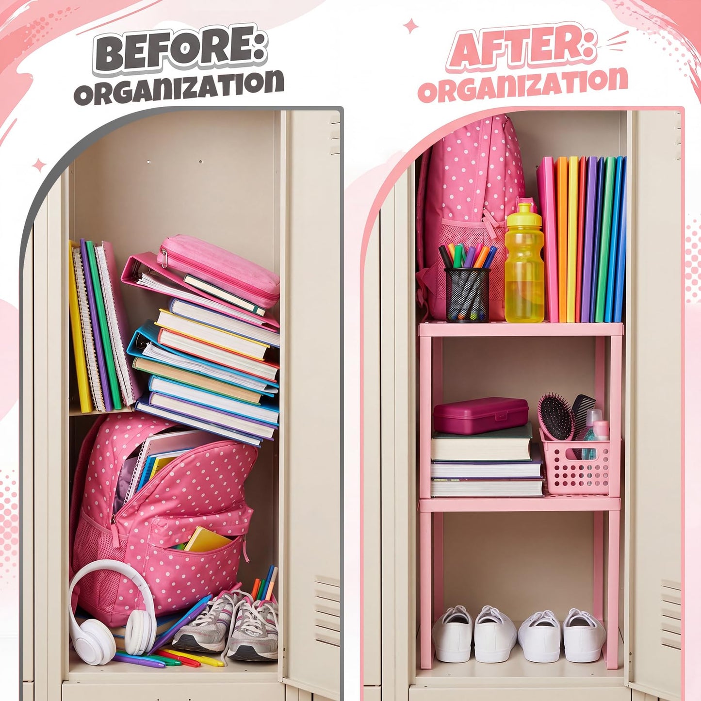 Colarr 2 Pcs Locker Organizer Shelf Stackable 2-Tier Shelves Fits Standard Size School Lockers Heavy Duty Metal Locker Shelf for School Office Gym Lockers Home Storage 11x 10 x 12 Inch(Pink)