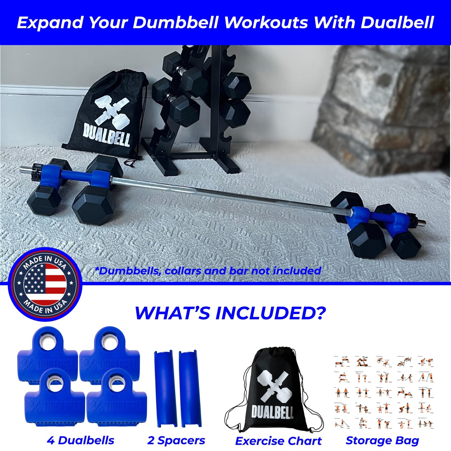 DUALBELL Dumbbell Converters- for 1" bars- hold up to 500lbs- Dumbbell to Barbell Adapters - Connect dumbbells to a 1" (25mm) standard diameter bar to use in place of weight plates, (Blue)
