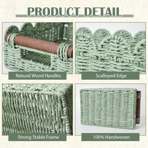 Handwoven Wicker Basket Set of 2 - Small Scalloped Toilet Paper Storage with Built-in Handles | Green
