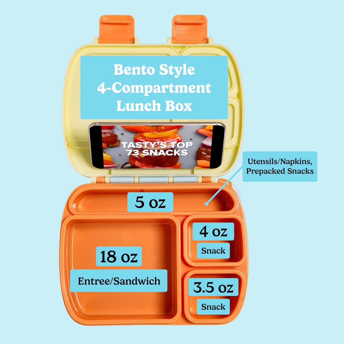 Tasty Bento Style Lunch Box, 4 Compartments with Built-In Phone Stand, BPA-Free Plastic, Portable Food Storage Container, Aqua