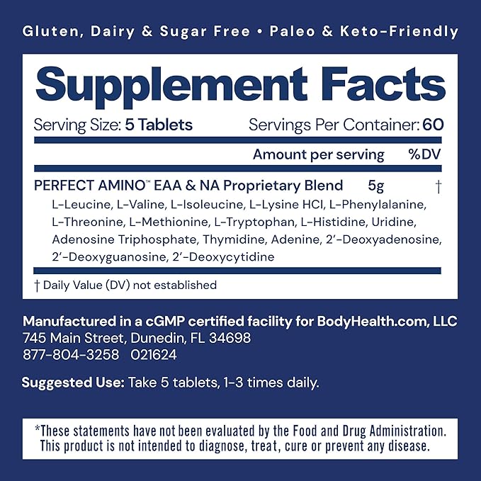 BodyHealth PerfectAmino (300 Tablets) Essential Amino Acid Supplement with BCAA and EAA, Muscle Recovery, Boost Energy & Stamina, 99% Utilization, Vegan Branched Chain Protein Pre/Post Workout
