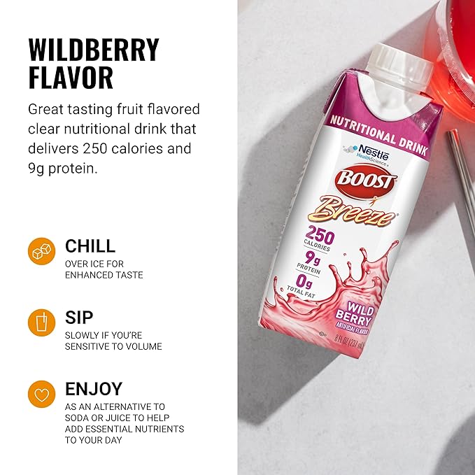 BOOST Breeze Clear Nutritional Drink - 250 Calories - 19 Vitamins & Minerals - 9 g Protein ??Fortified Clear Nutritional Drink with Vitamin A & Zinc - Wild Berry Flavor - 8 fl oz (Pack of 24)