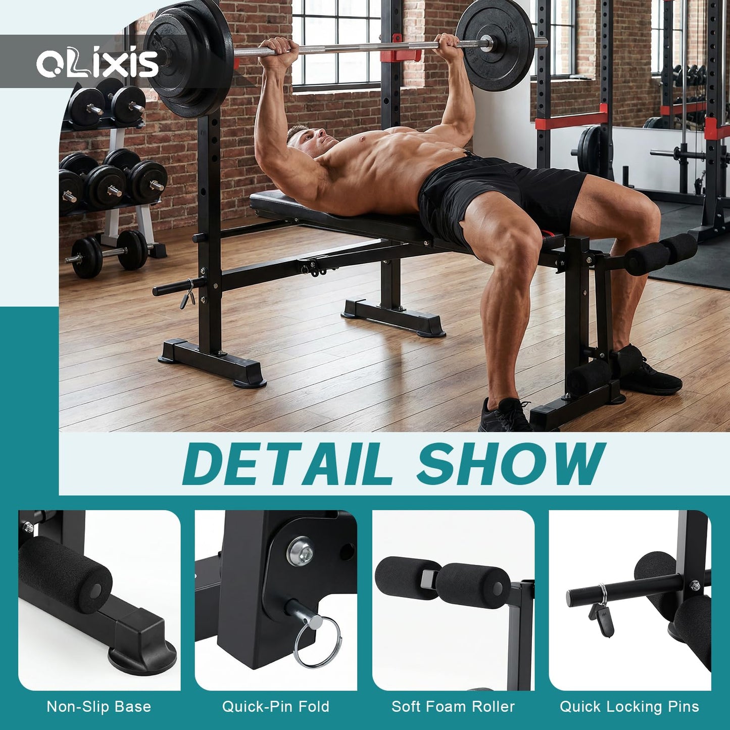 OLIXIS Adjustable Weight Bench Set with Rack, 650 LBS Capacity Heavy Duty Foldable Bench Press Set with Leg Extension Curl, Easy Assembly Strength Training Workout Set for Garage, Home, Gym-Red