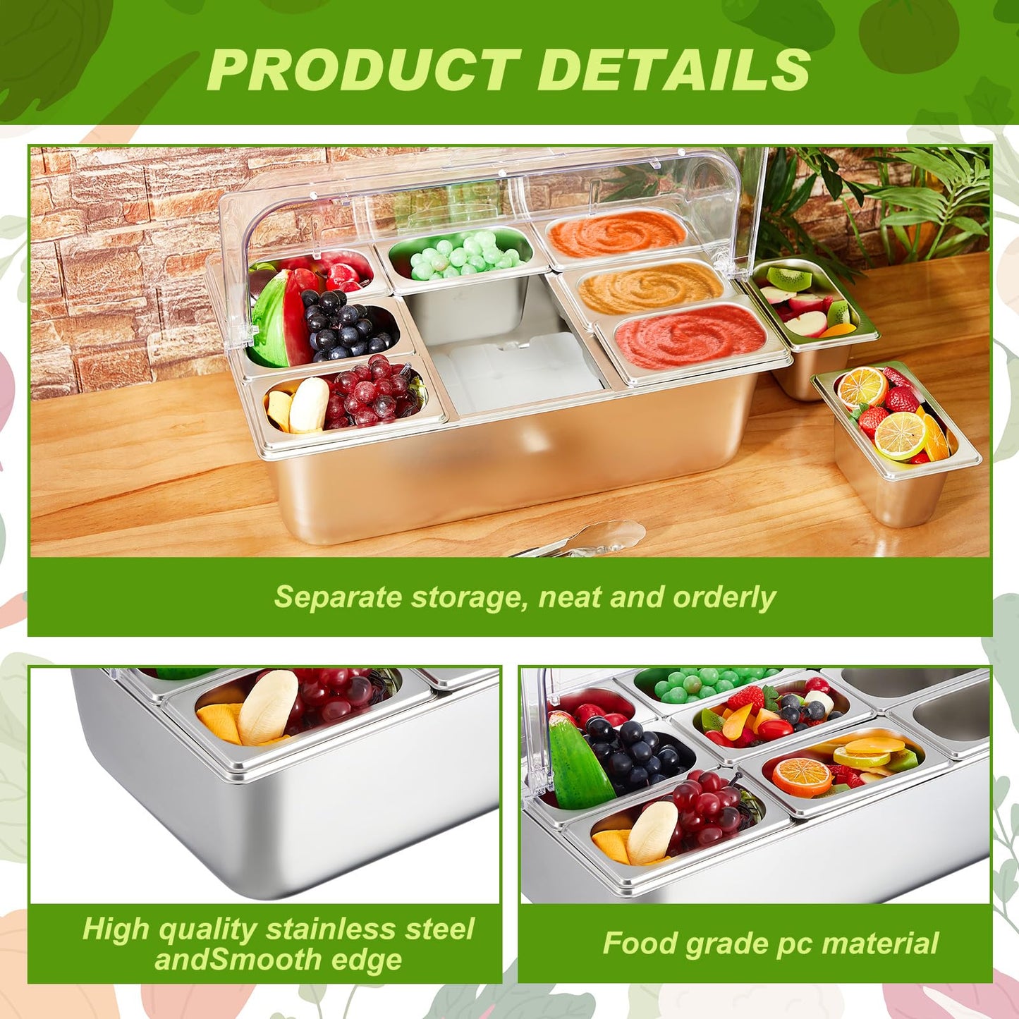 Condiment Tray Stainless Steel Serving Display Set with Lid for Buffet Restaurant Kitchen, Food Chilled Container for Salad Fruit Condiments, Keeps Food Fresh with Ice Box(9 Compartments)