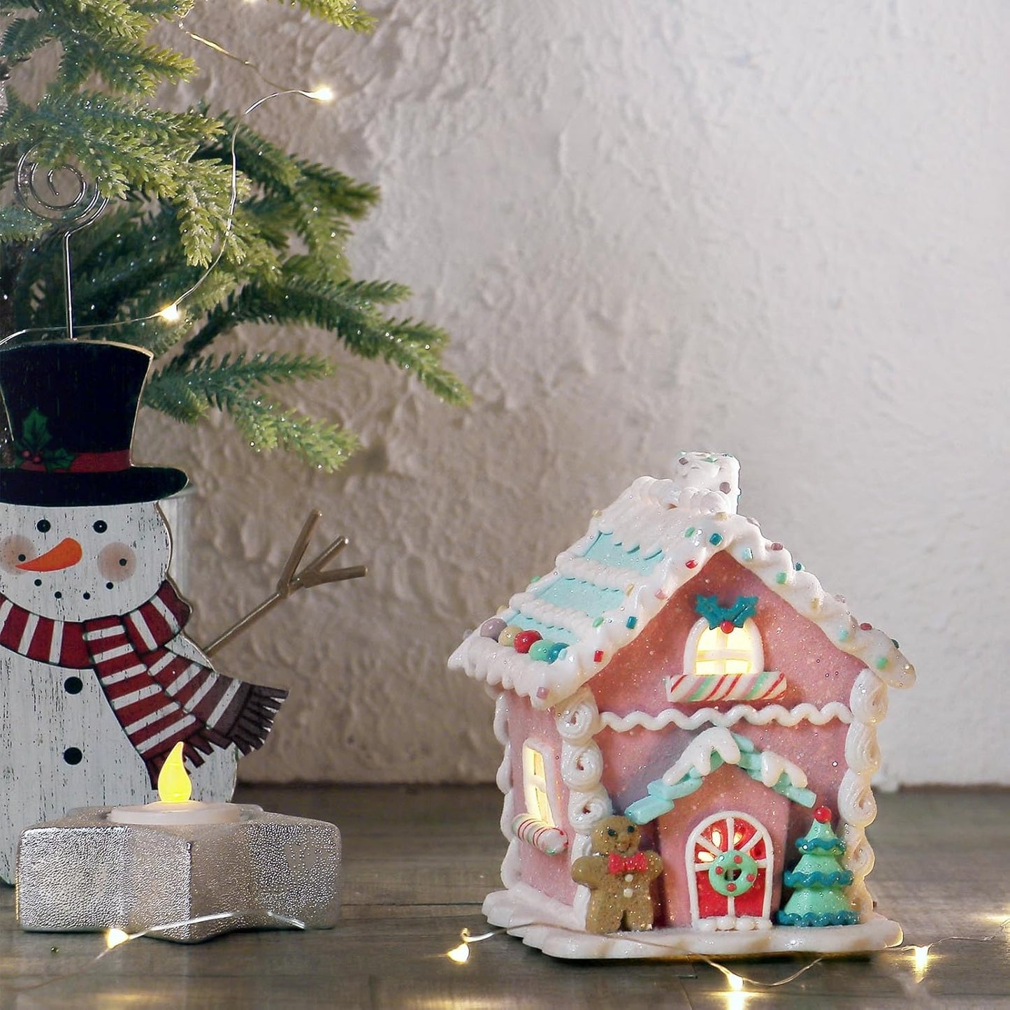 Regine Switzerland LED Gingerbread House Christmas Decorations - 5.9" Ornaments with Cookie & Pine Tree