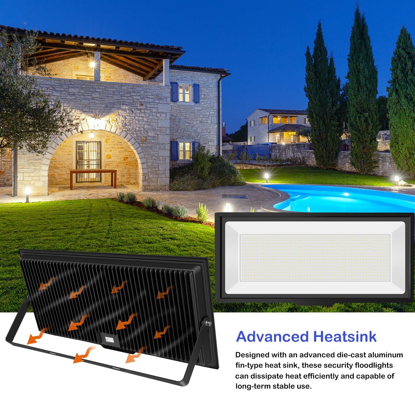 Sunkkes 1000W Flood Lights Outdoor,95000lm Bright LED Work Light with Plug,6500K Daylight White LED Flood Lighting,IP66 Waterproof Security Yard Lights for Court, Parking Lots, Stadium, Field, 2 Pack
