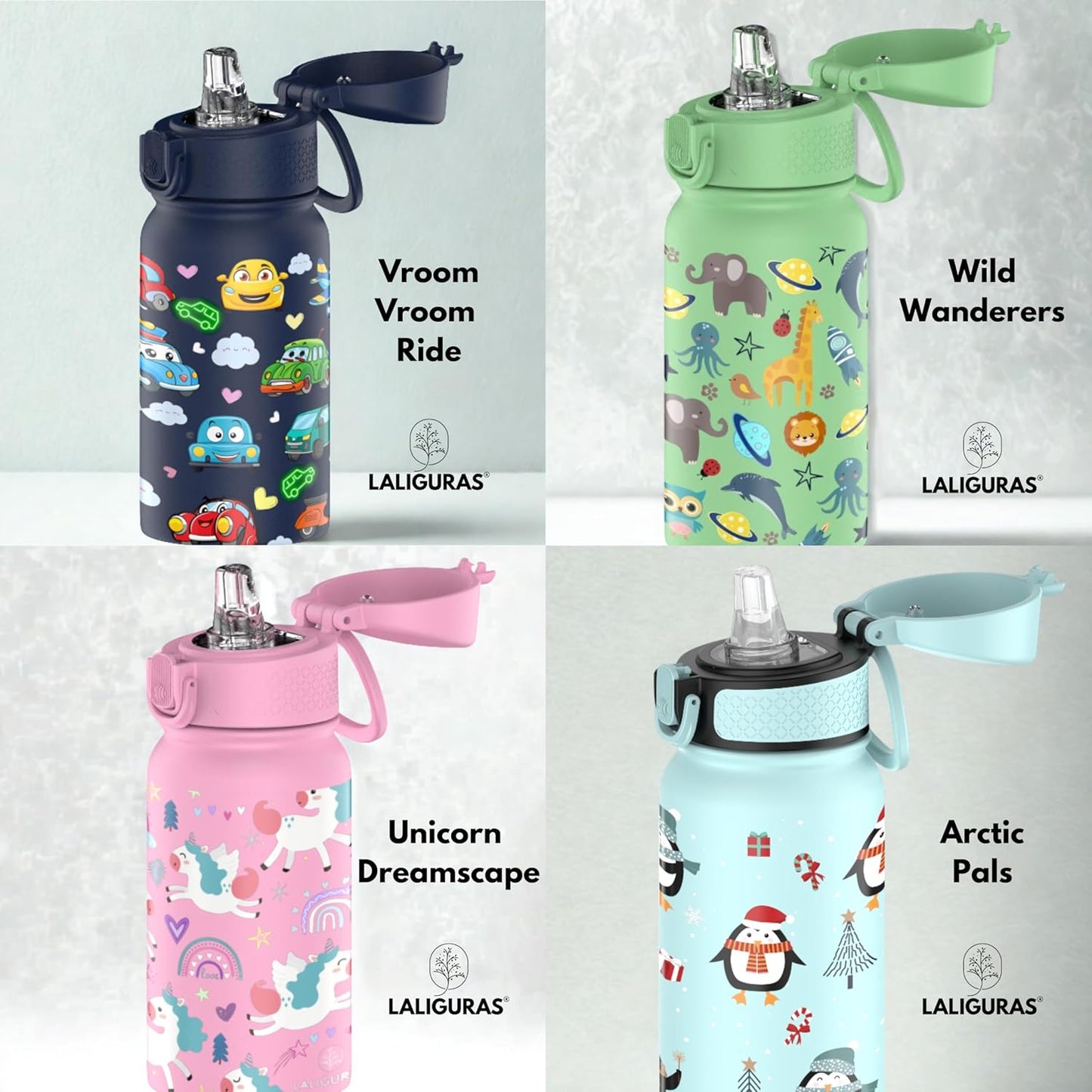Skiennix Kids Stainless Steel Water Bottle - 12 oz Insulated Thermos with Straw Lid | Leakproof BPA-Free (Light Blue Arctic Pals)