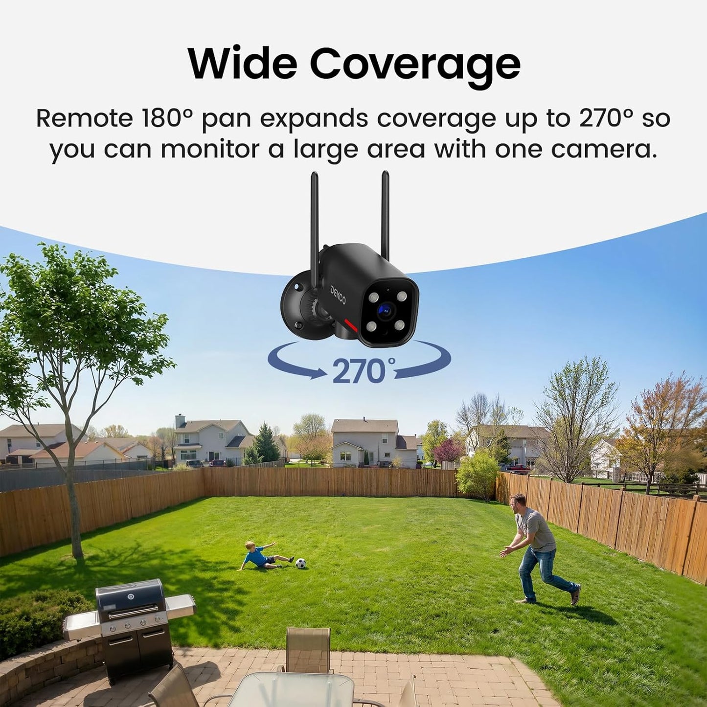 DEKCO 2K 180 270 24/7 Wired Security Camera Outdoor, Pan & Coverage, Constant Power Surveillance, Full Color Night