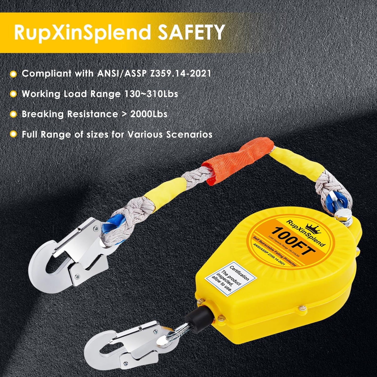 RupXinSplend Fall Arrester Protector Self Retractable 100FT Fall Protection Gear Double Locking, Dual PPE+Alloy Steel housing Heavy Duty Lifeline Safety Lanyard Rope Cable Wire Roofing Construction