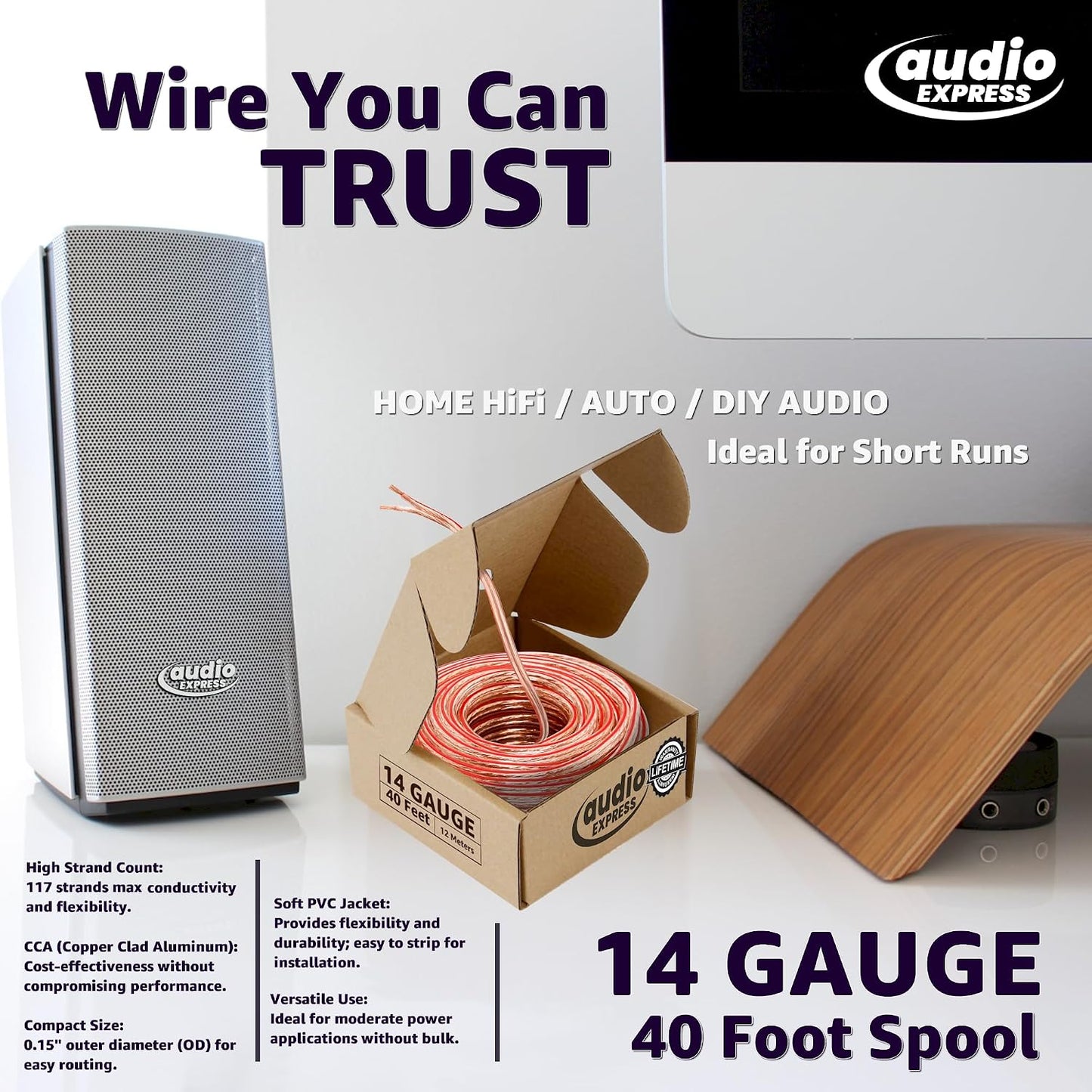 Audio Express 40ft 14-Gauge 12.19m, 2 117 Count (.15 Stereo Speaker Wire, Conductor, Polarity Marked, Clear PVC, CCA