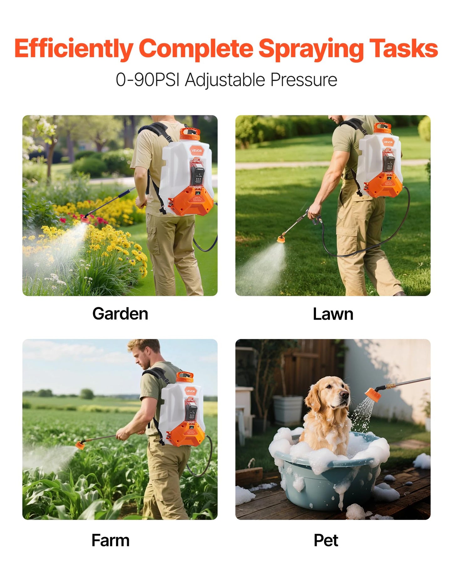 VEVOR Battery Powered Backpack Sprayer, Electric Back Pack Sprayer 4 Gallon, 2 Wands & 8 Nozzles, Adjustable 0-90 PSI, 4H Runtime, Portable Lawn & Garden Sprayers for Weeding, Spraying, Cleaning