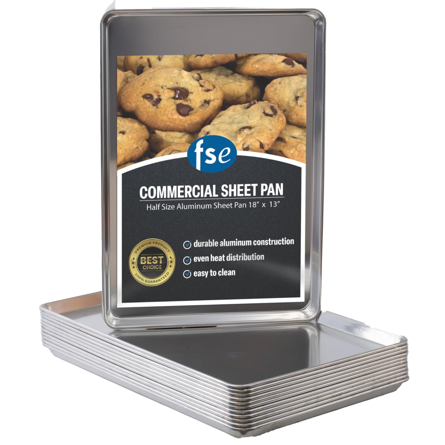 FSE Commercial-Grade 20-Gauge Aluminum Sheet Pan/Bun Pan, 18" L x 13" W x 1-1/8" H (Half Size) | Pack of 12