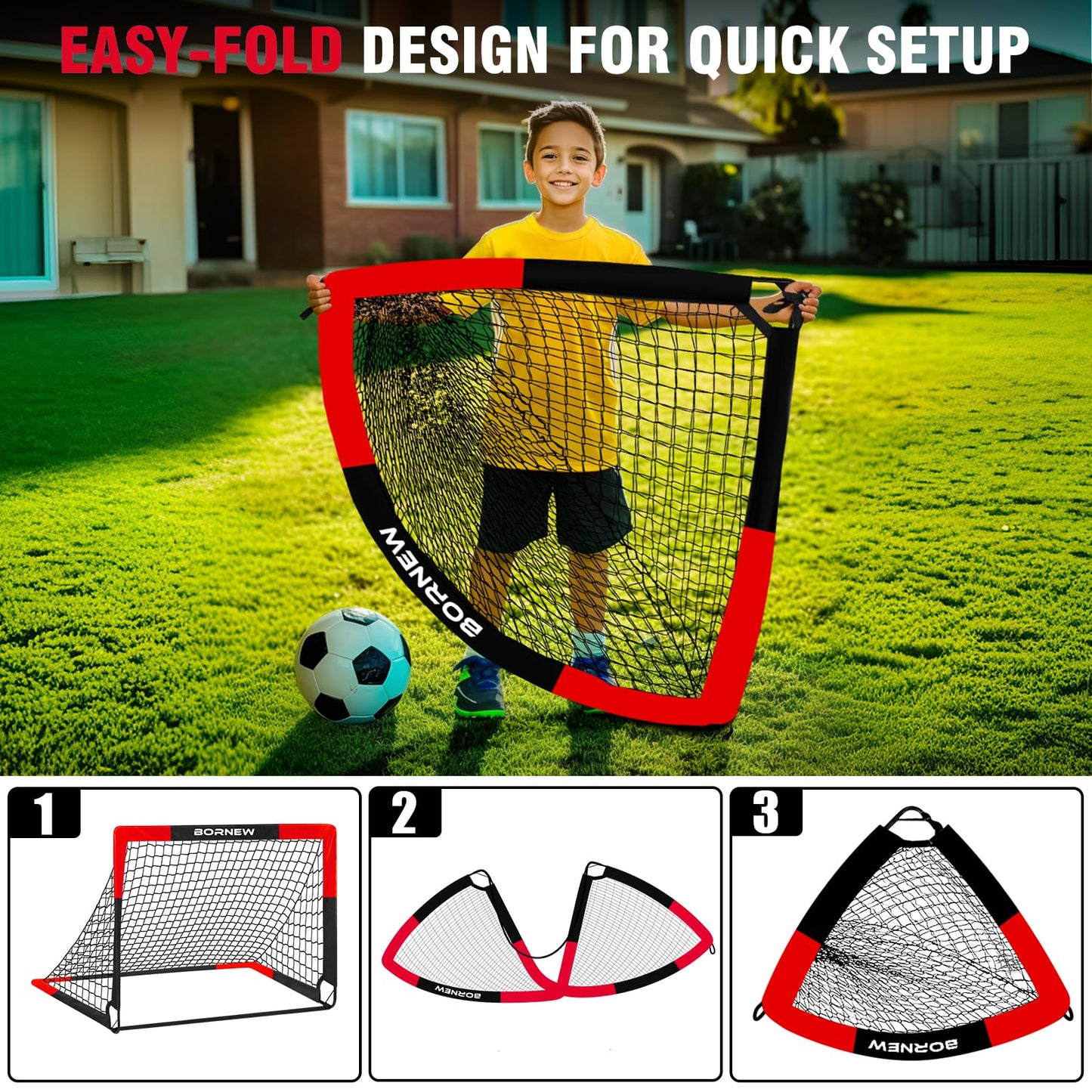 BORNEW 2 Pack Soccer Goal - Backyard & Indoor Soccer Goals for Kids, 4X3 ft Portable Pop Up Soccer Nets Set for Youth & Adult and Outdoor Games and Soccer Training Equipment Ages 3-16 Year Gift