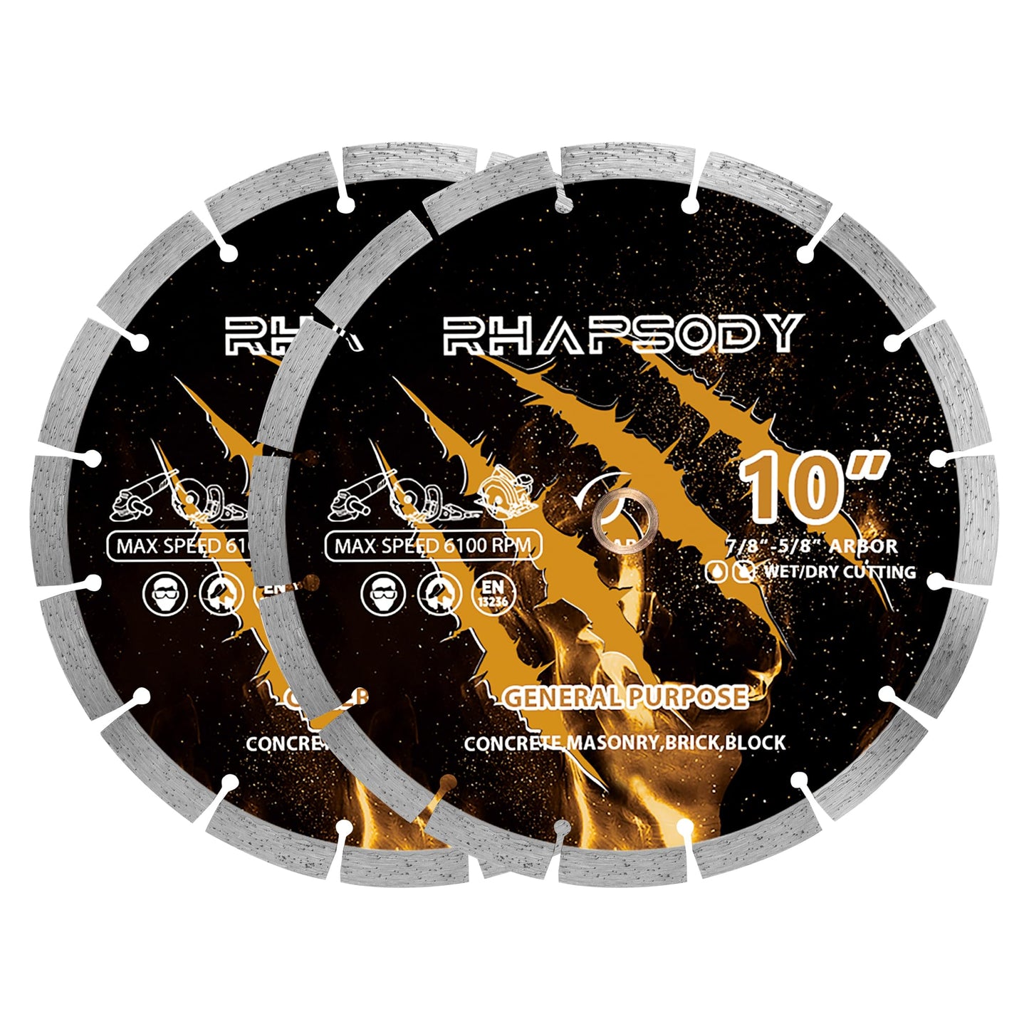 RHAPSODY 10 Inch Diamond Saw Blade 2Pcs, Segmented General Purpose Blade Dry/Wet Cutting Concrete, Masonry, Brick, Block, Paver 7/8"-5/8" Arbor