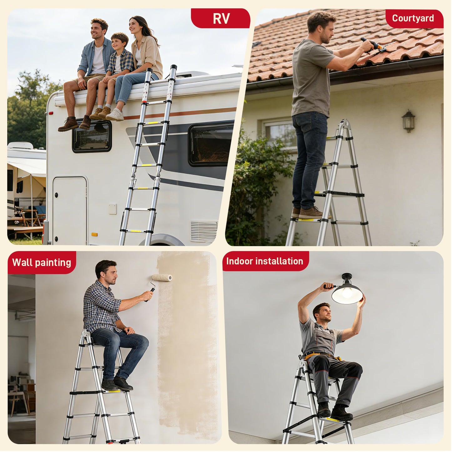 SEEKNEW 16.5 FT Telescoping Ladder, A Frame, Aluminum Extension Ladder, 330 lbs Capacity with Triangular Stabilizers, Portable Collapsible Ladder for Home, Roof and RV; Silver