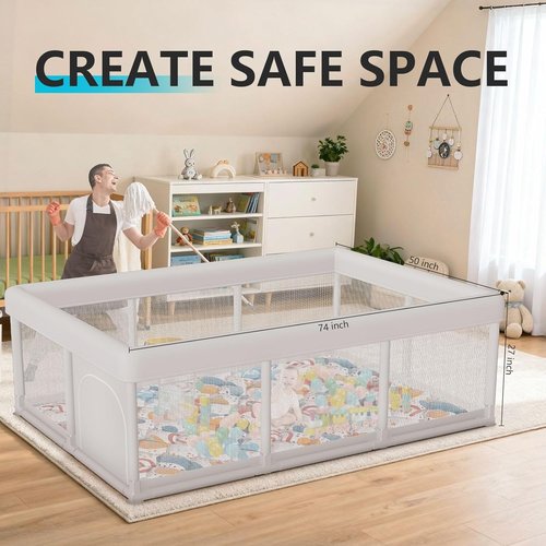 Hiaksedt Baby Playpen - Large Indoor & Outdoor Play Yard for Babies and Toddlers | 74x50 Inches, Zipper Gates, Breathable Mesh