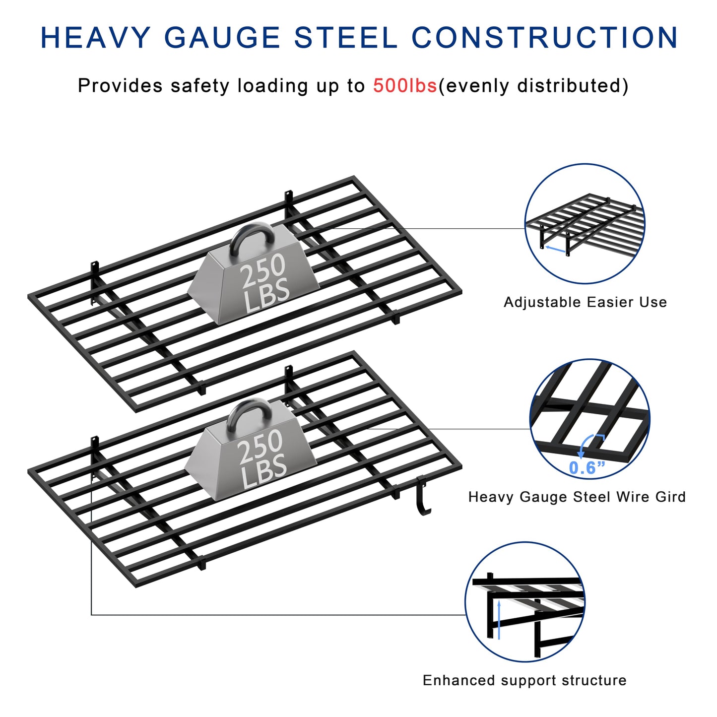HDDFER 2-Pack 2x4ft Garage Shelving Wall Mounted, 24x43 inch Wall Shelf Heavy Duty Garage Storage Shelves Floating Shelves with Hooks, 500LB Capacity