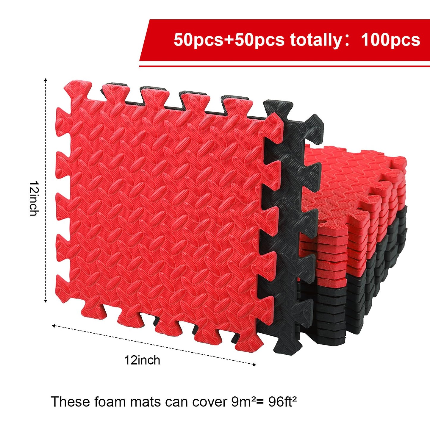 Ecally 100 Pcs 12 x 12 Gym Mat Foam Floor Mats for Home Gym Covers 96 Sq Ft Puzzle Exercise Square Interlocking Carpet Tiles with Border for Workouts Equipment Yoga Pilates (Black,Red)