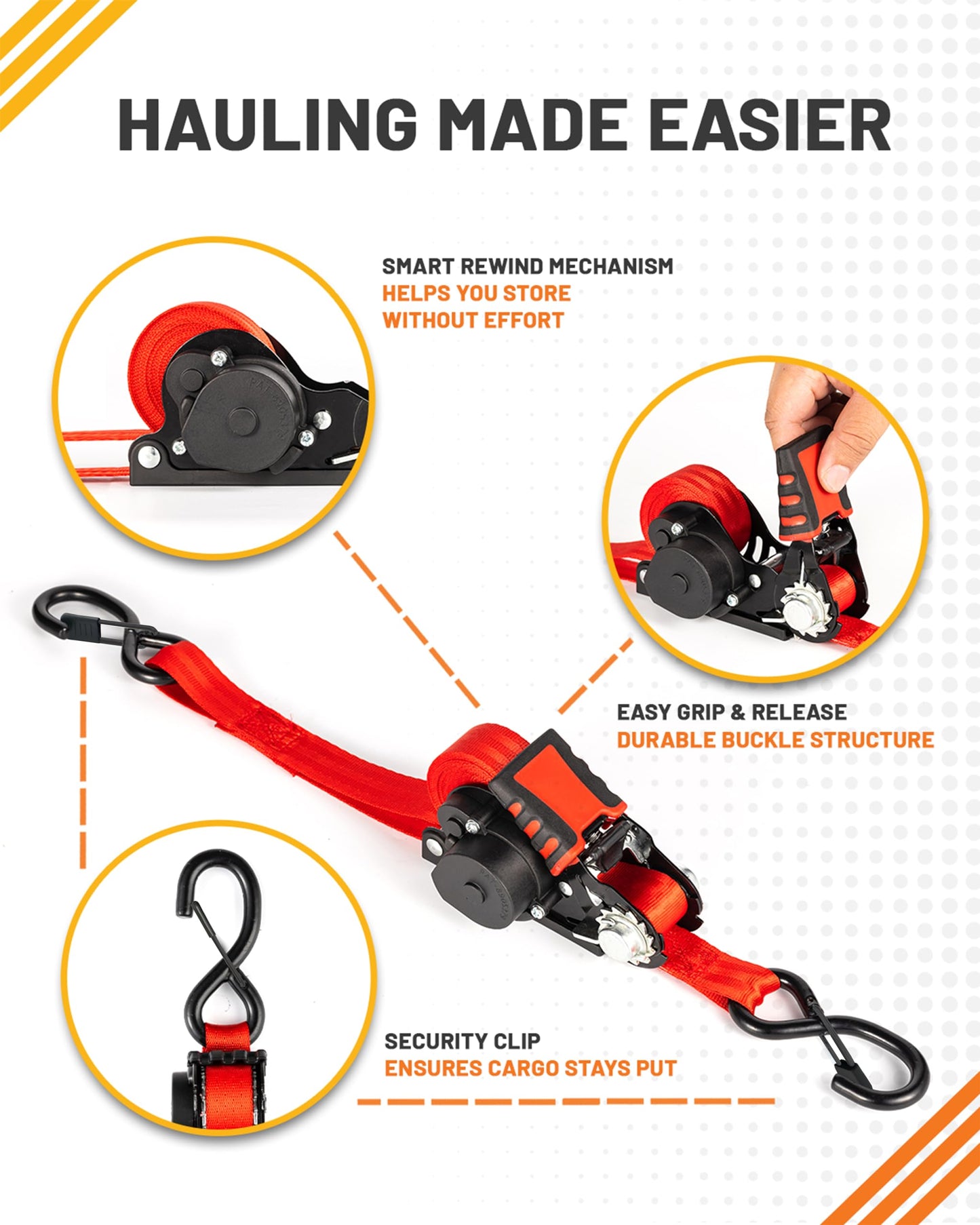 Strapinno Retractable Ratchet Straps - 1 in x 12 ft Heavy Duty Tie Downs, 1800lbs Breaking Strength Each, S Hooks with Safety Clip, AutoRetract, for Moving, Motorcycle, Boat, Kayak, and Cargo (4 PCS)