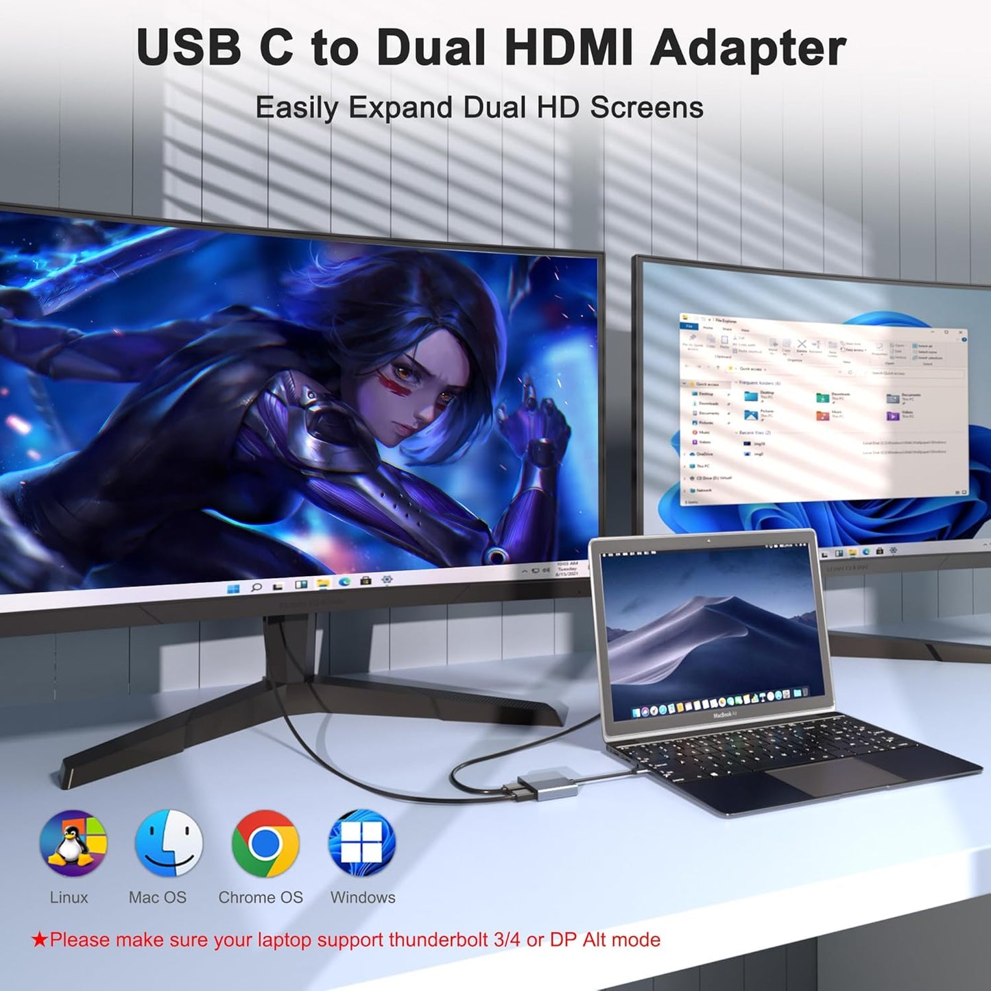Movcle 2 4K@60hz HDMI Splitter for Dual Monitors, Dual HDMI Adapter for Monitors, Display, USB C to Double Adapter