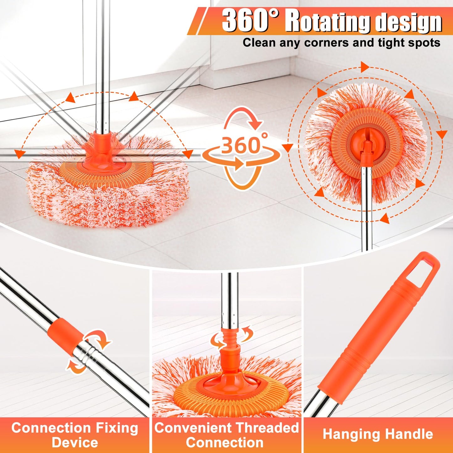 61 in Adjustable Cleaning Mop, Dolodomy 360° Rotatable Mops for Floor Cleaning with 4 Reusable Heads, 2 Fabrics Wall Mop for Floor Door Window Ceiling and Bathroom