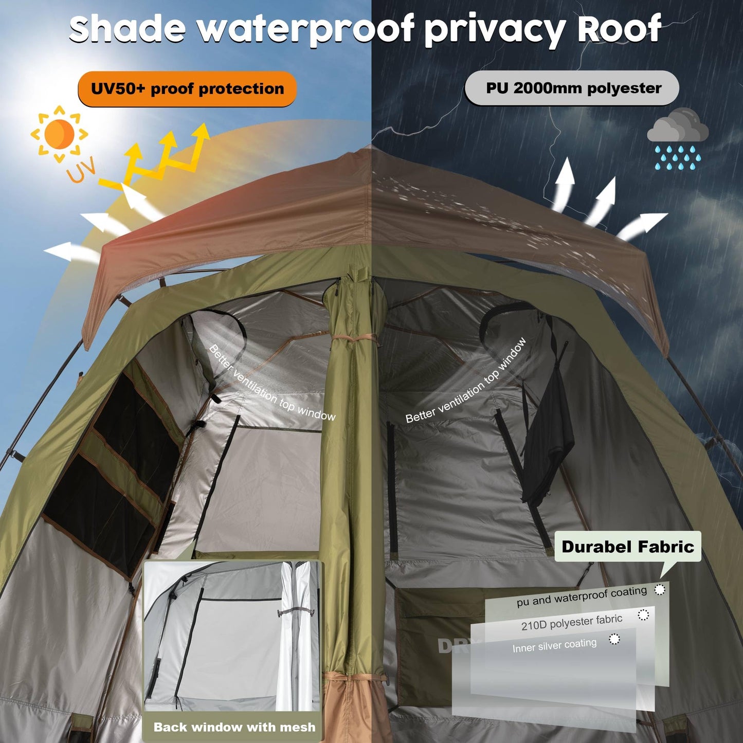 Porayhut Portable Camping Shower Tent Deluxe Changing Room Easy Set Up Privacy Shelter,Large Toilet Tent 2 Rooms with Floor Drain Design for Beach, Camping,Hiking with Stakes and Ropes for Stability