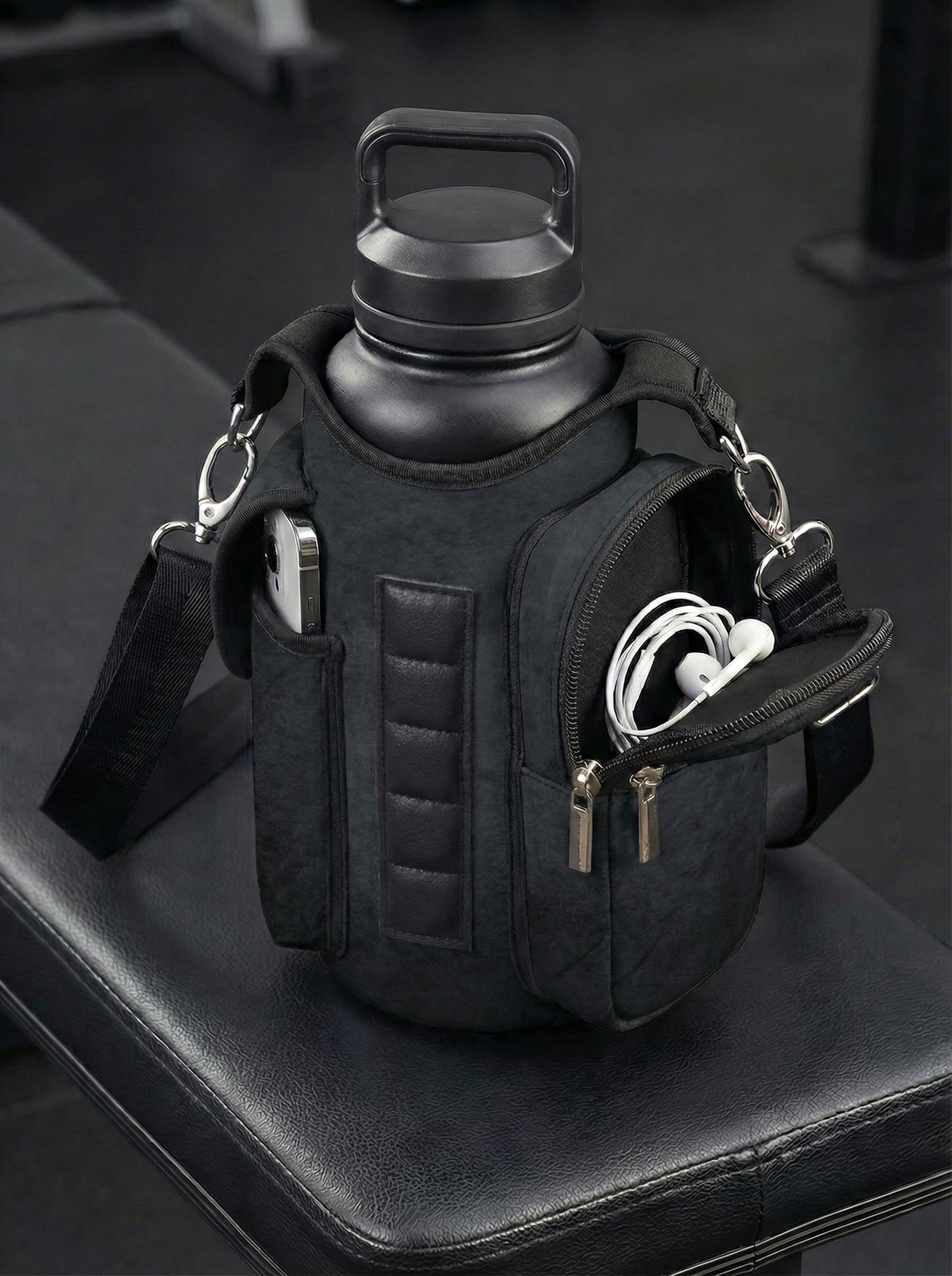 AORTDES Magnetic Gym Bag Water Bottle Holder for 18-40 oz Bottles, Neoprene Pouch with Phone Pockets, Workout Gym Accessories for Men Women,Small Gym Bag Essentials (Industrial Black)