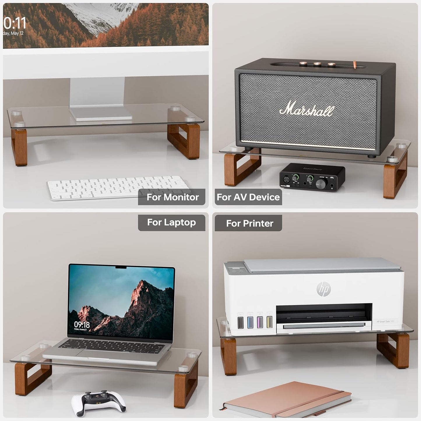 YEOUX Multi-Purpose Desktop Stand, Clear Floating Computer Monitor Riser with Natural Wood Base, Desk Organization