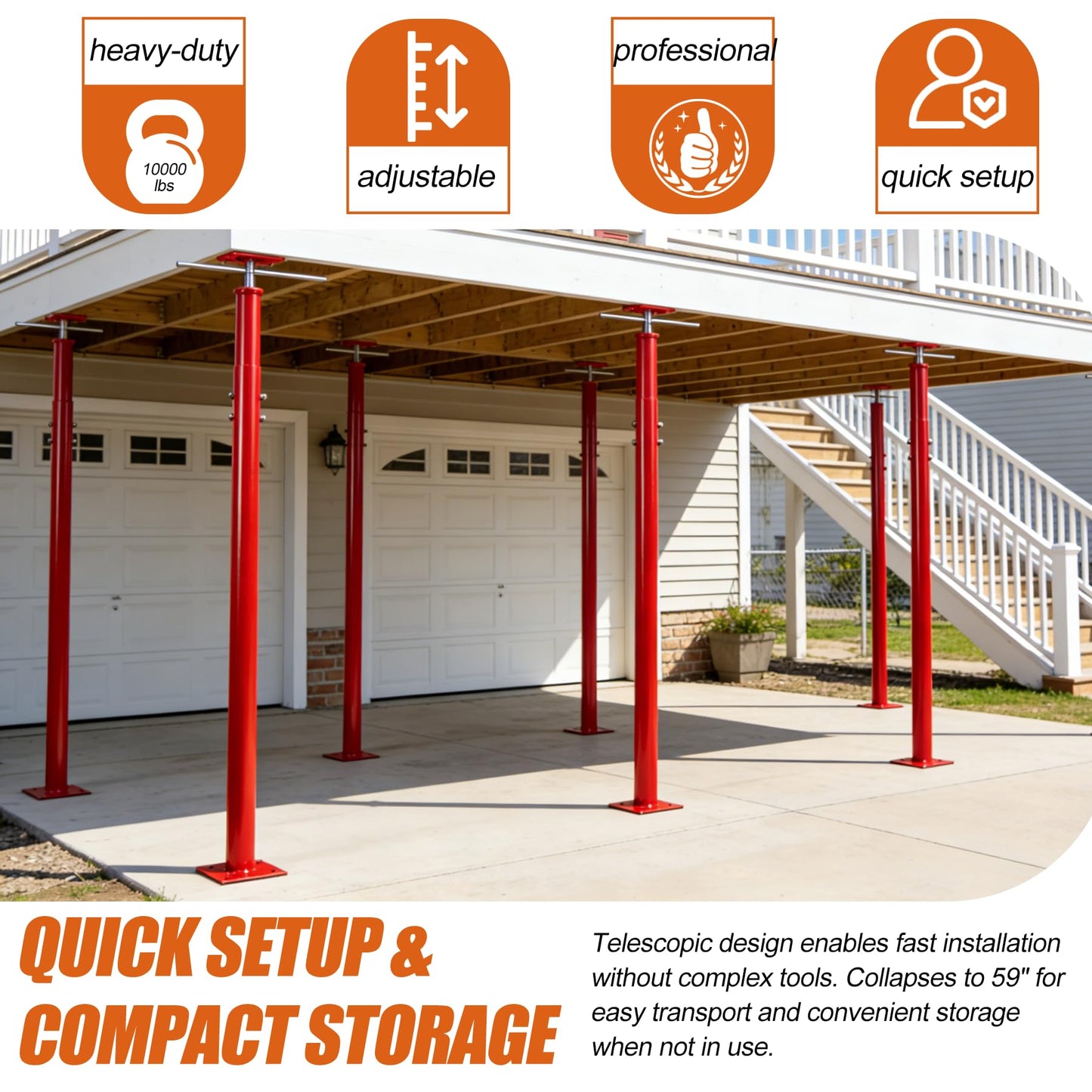 Adjustable House Jack Post, 55" - 100" Heavy Duty Steel Support Pole Jacks, 10000 lbs Load Capacity, Floor to Ceiling Telescopic Jack for Leveling, Framing, Basement, Crawlspace, Beam & Roof Support