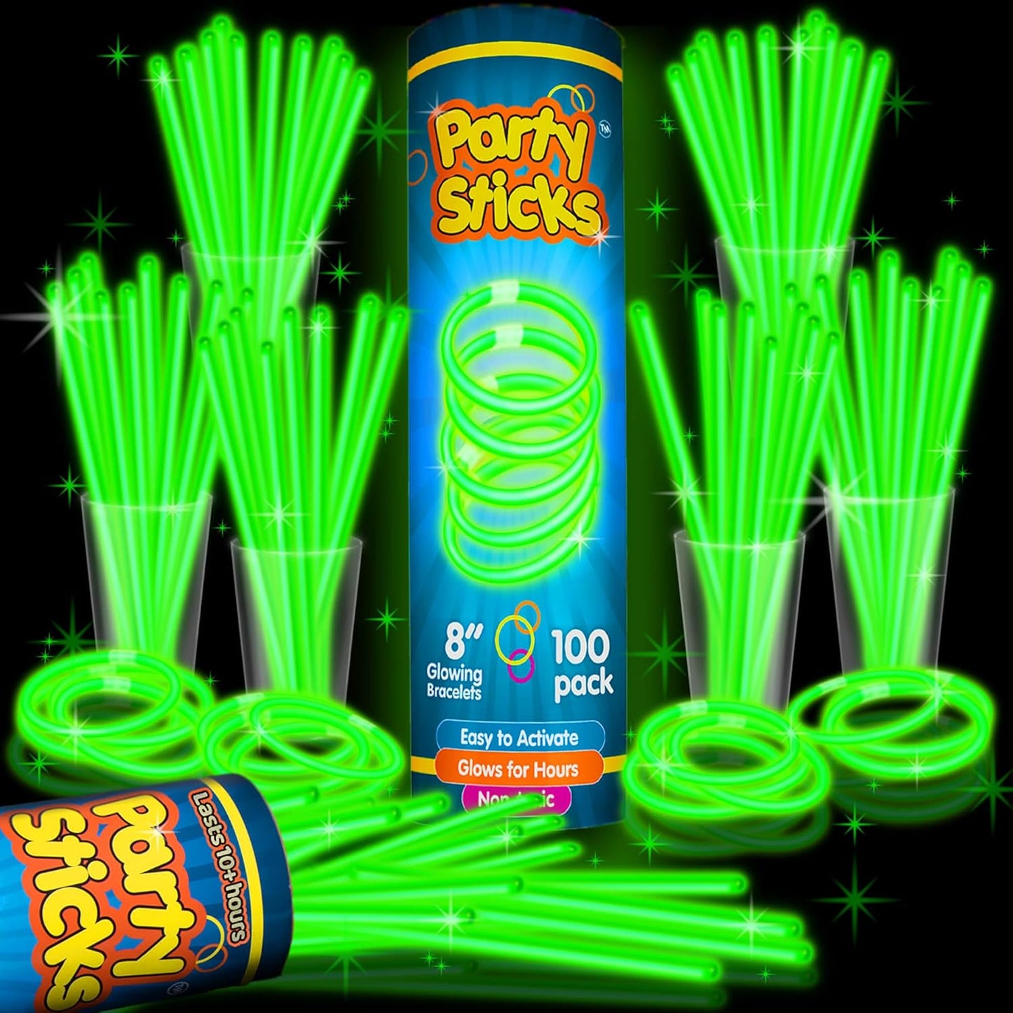 PartySticks Green Glow Sticks - 100 Pack of 8-Inch Glow in the Dark Light-Up Party Accessories