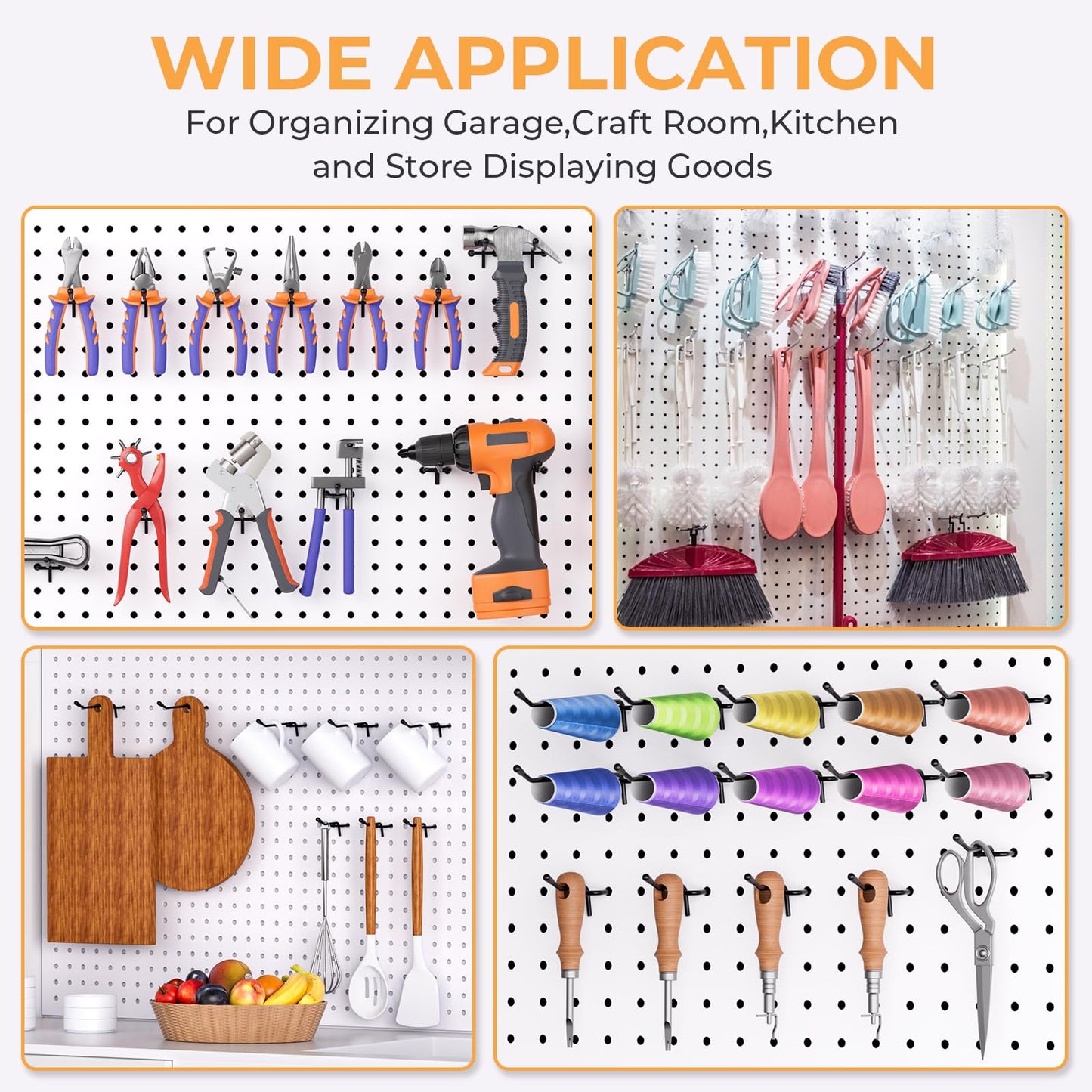 INCLY 120 Pack Black Pegboard Hooks, 4/6/8 Inch Peg Board Shelving Hooks Accessories, Peg Board Tool Hangers Fit for 1/8“ and 1/4" Pegboard Hanging Tools for Garage, Craft Room, Kitchen, Store