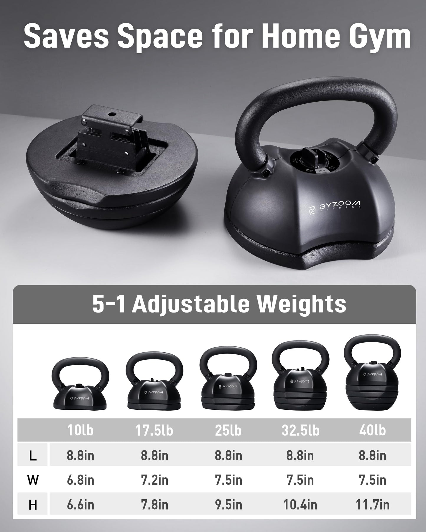 BYZOOM FITNESS Pure Series Adjustable Kettlebell 40LB - 5-IN-1 Weight Change, Patented Quick-Change Machenism, Ergonomic Curved Handle for Home Gym, Strength Training, HIIT, Black