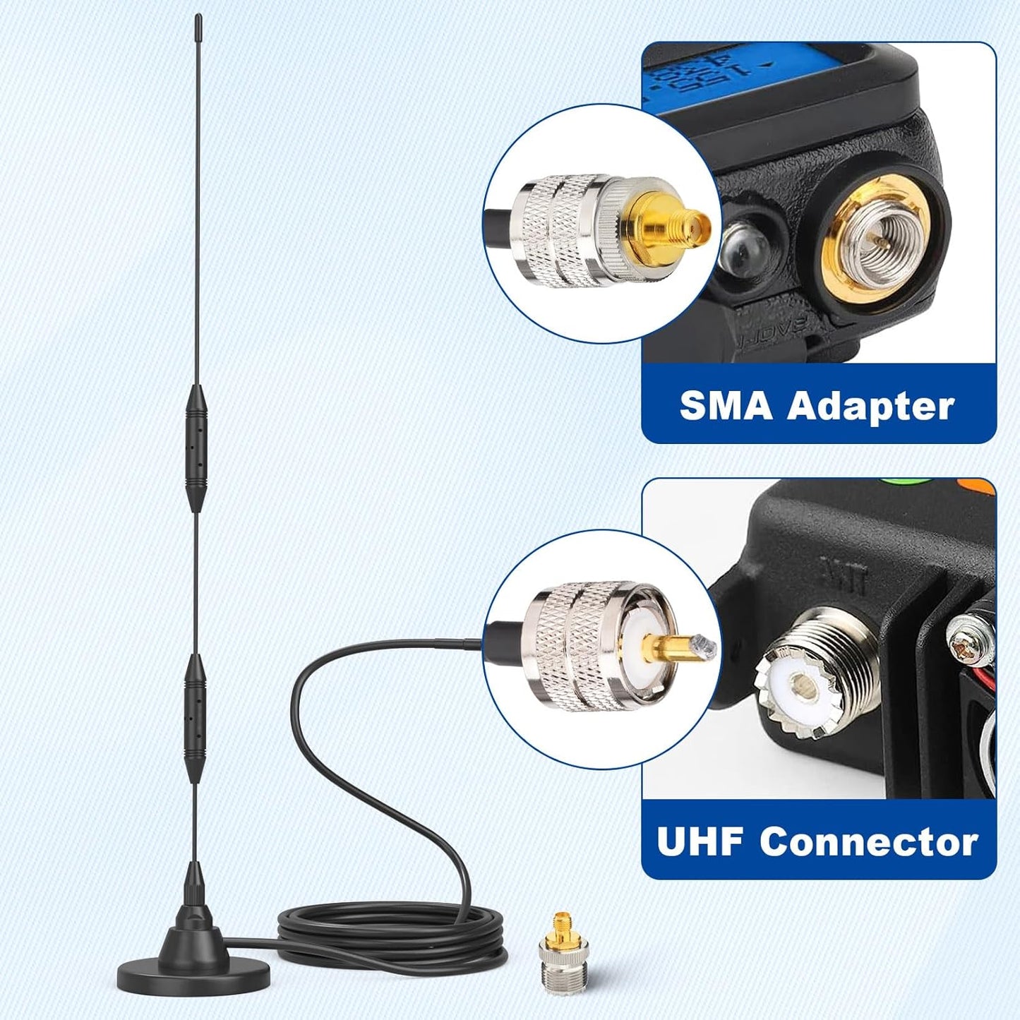 Eightwood 136-174MHz 400-480MHz PL259 SO239 Car Mobile Ham Radio Antenna High Gain Dual Band VHF UHF Male Antennae