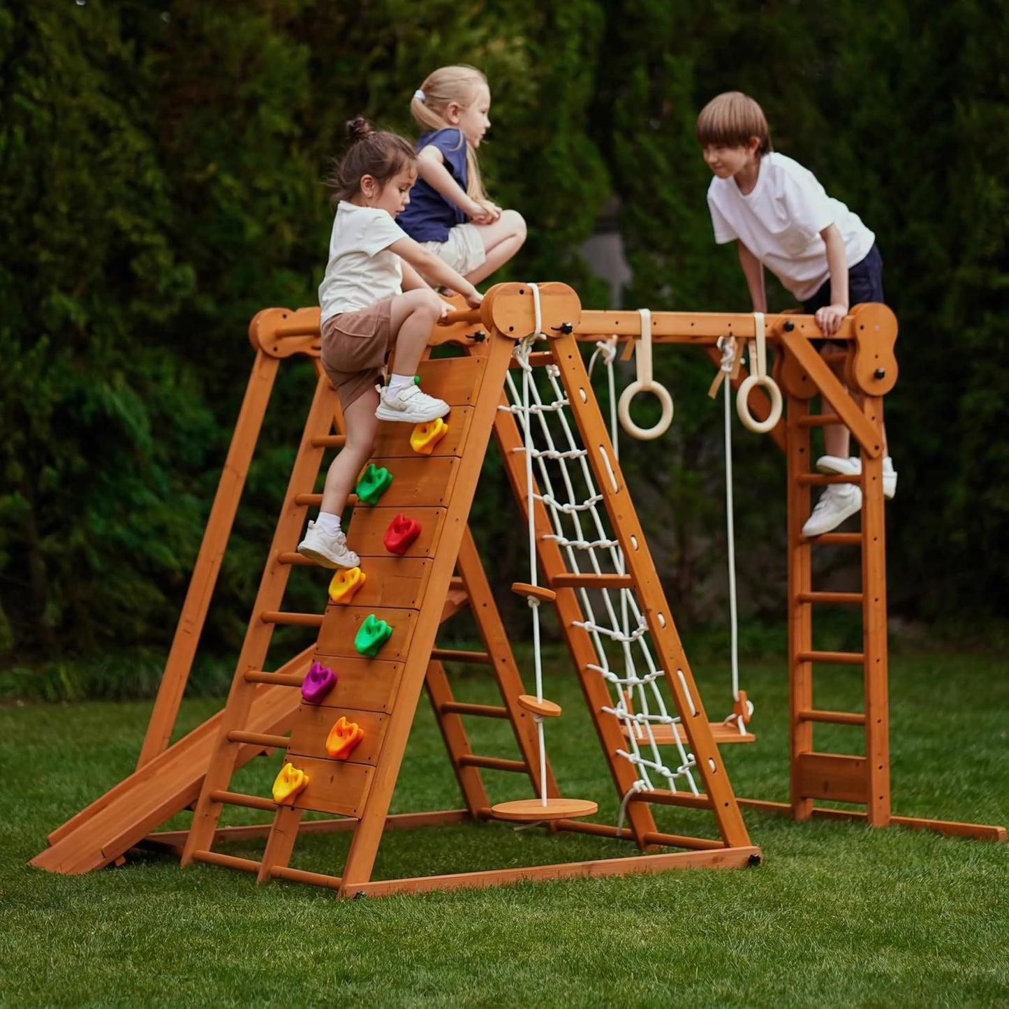 Avenlur 8-in-1 Small Indoor/Outdoor Playset – Foldable Wooden Kids Play Set for Backyard – Kid Playground for Toddlers Age 2–6 with Slide, Monkey Bars, 2 Ladders, 2 Swings, Rock Climbing, Gym Rings