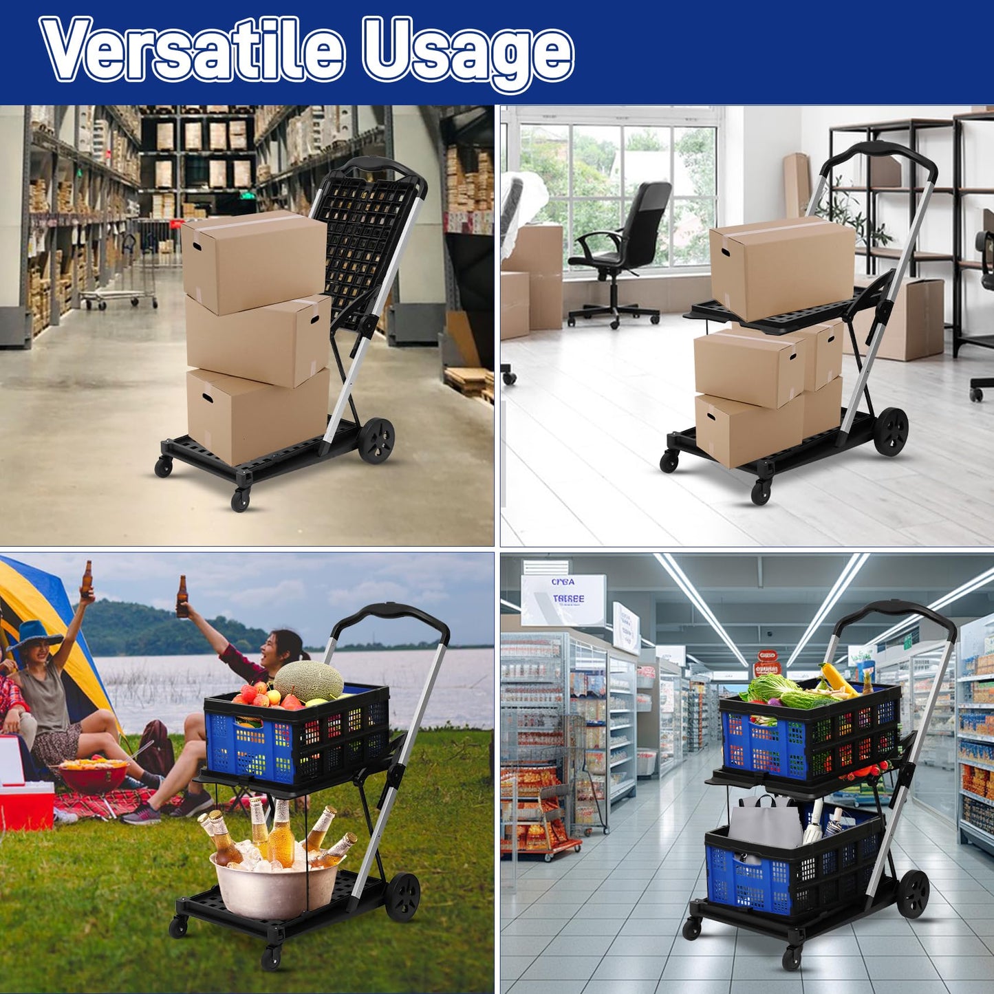 Collapsible Shopping Cart with 2 Bins Grocery Cart on Wheels Multi Use Two Tier Folding Cart for Farmers Market,Kitchen,Grocery Shop