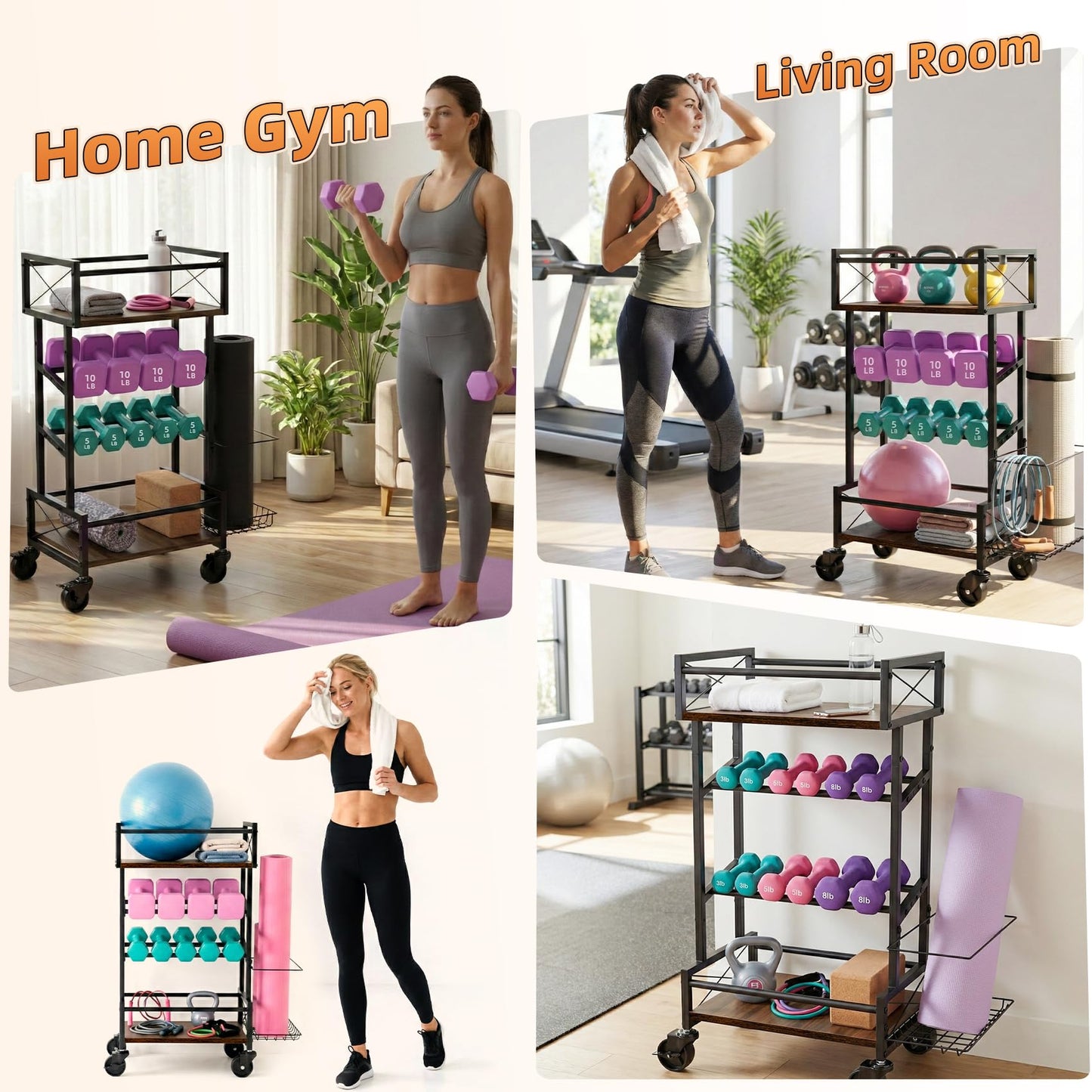 4 Tier Home Gym Storage Rack with Wheels, Yoga Mat Rack Small Dumbbell Weight Rack, Multi-Functional Wood Metal Gym Equipment Storage Rack Workout Cart for Women Kettlebell Fitness Organizer