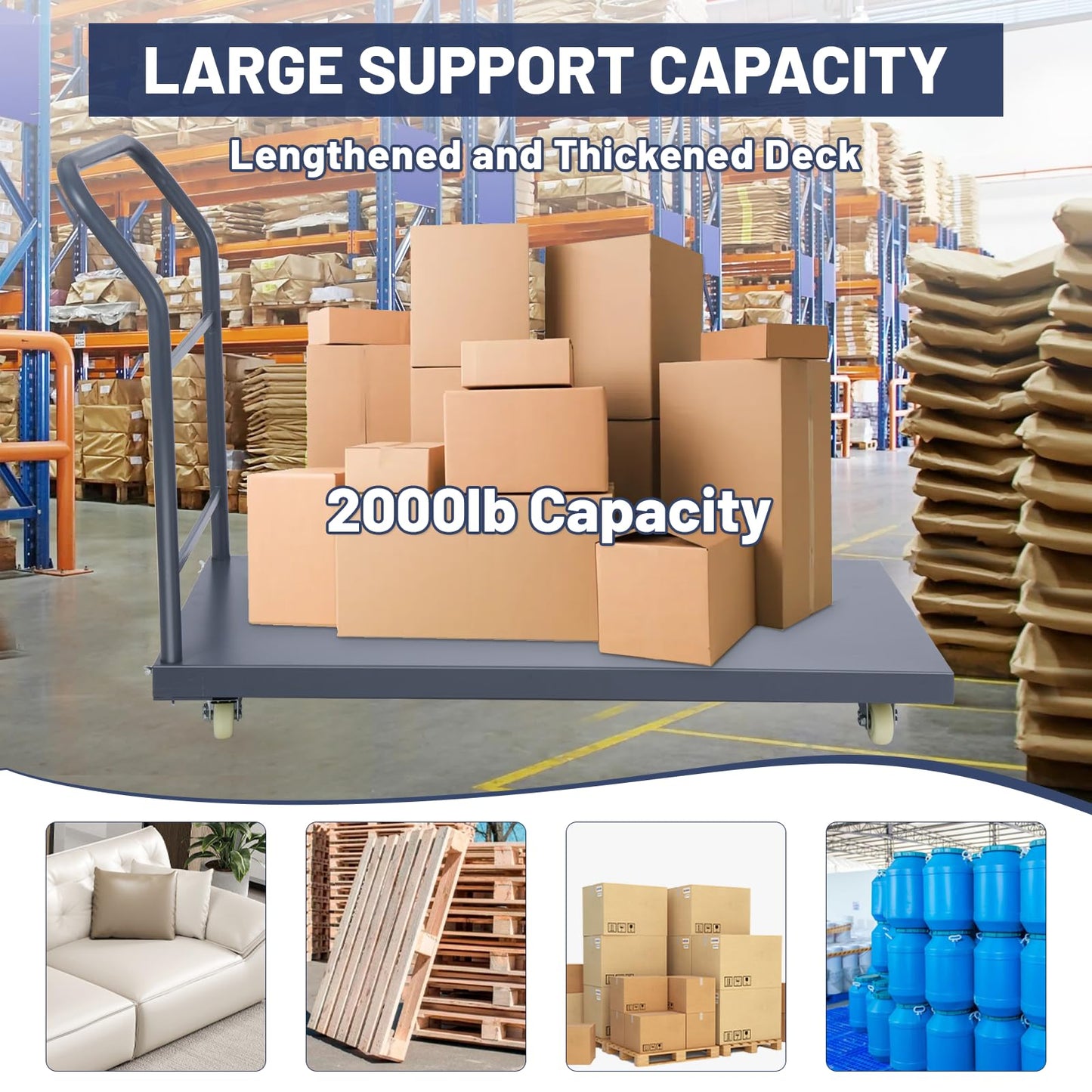 Heavy Duty Platform Truck Cart, 48"x24" Flatbed Cart, 2000 lbs Capacity Flat Cart with Wheels, Industrial Utility Push Cart for Warehouse, Luggage, and Moving