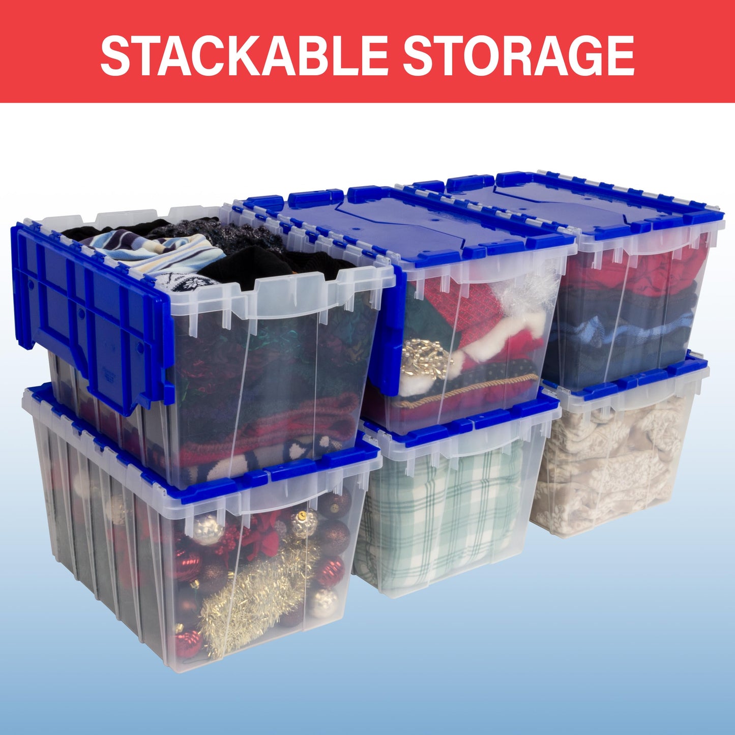 Akro-Mils KeepBox 12 Gallon Storage Container, Nesting and Stackable Plastic Storage Box with Lid Attached, Clear Tote for Garages, Closets, and Moving, 21-1/2" x 15" x 12-1/2", Clear/Blue, 6-Pack