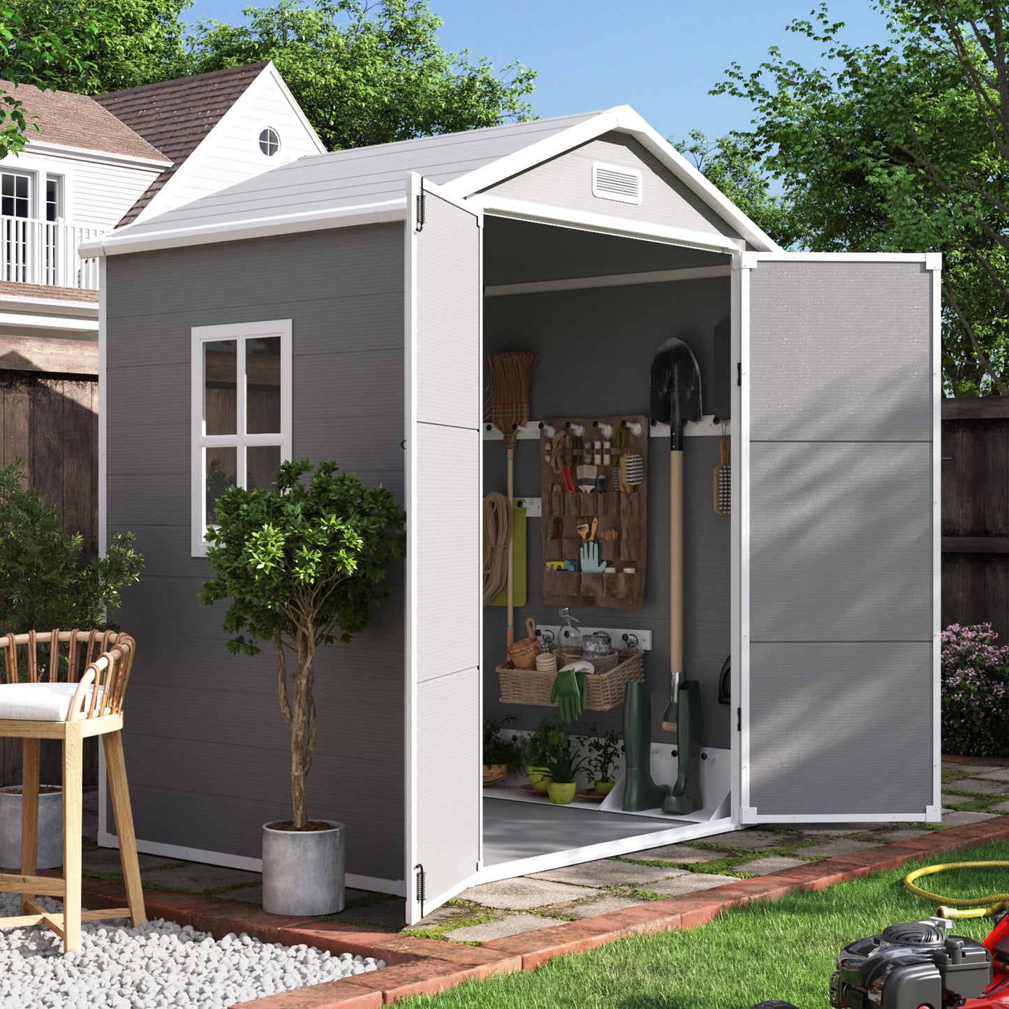 UDPATIO Outdoor Storage Shed 6x4 FT, Garden Resin Shed for Bike, Garbage Can, Tools, Outside Plastic Sheds with Floor for Backyard, Patio, Lawn, Grey & White