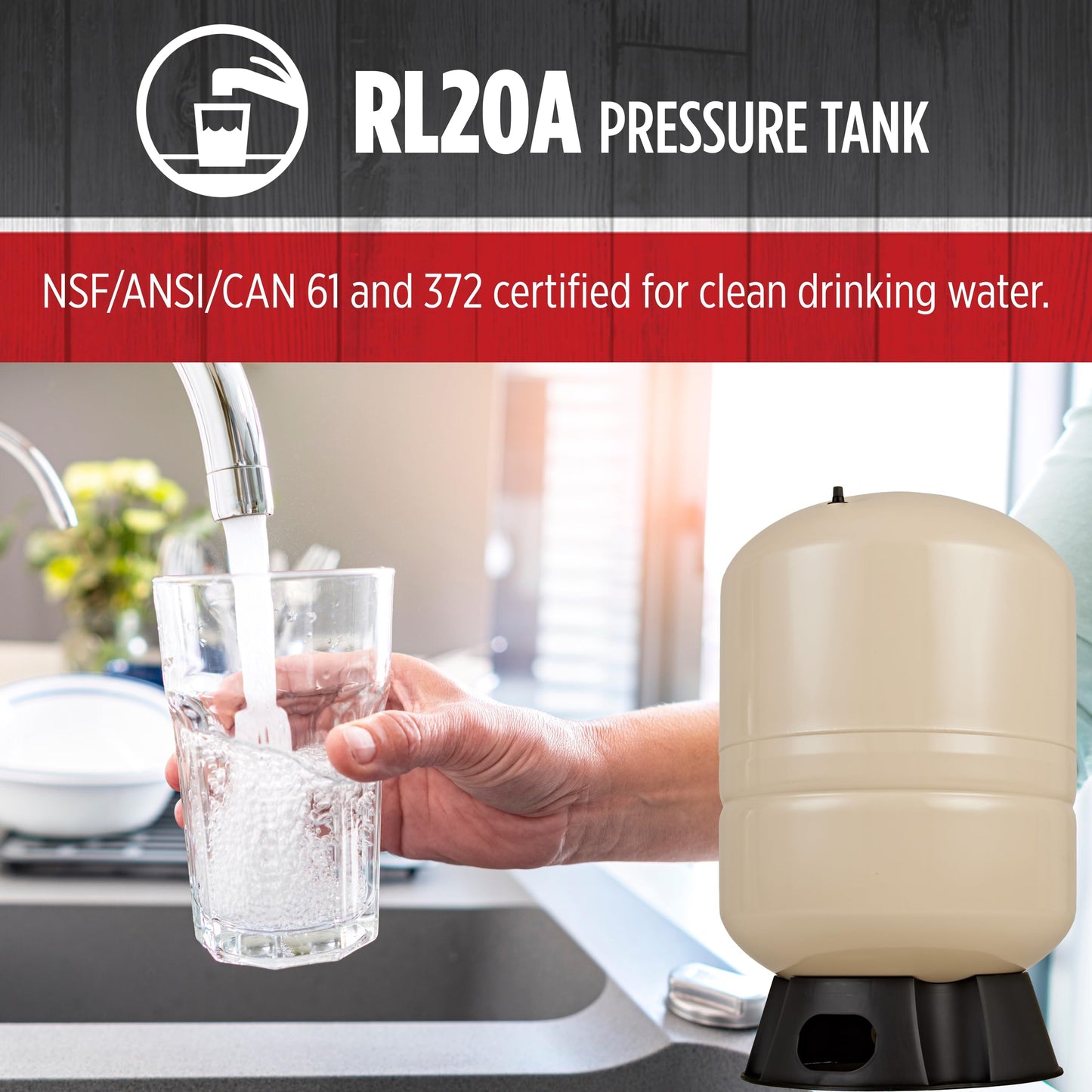 Red Lion RL20A - 20-Gallon Vertical Pre-Charged Pressure Tank with Thermoplastic Base for Well Pumps, 1-Inch FNPT Elbow System Connection, Almond, 604682