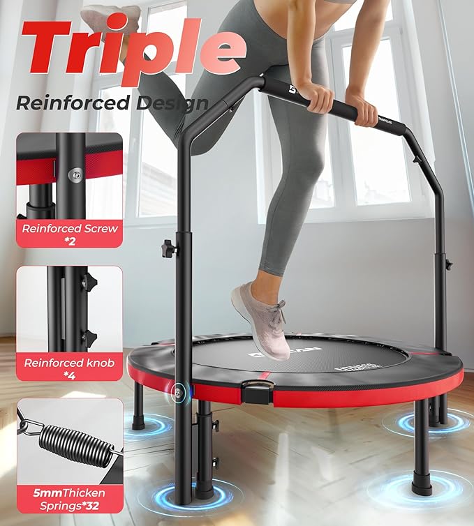 BCAN 40"/48" Foldable Mini Trampoline, Rebounder Trampoline for Adults, U/T Adjustable Foam Handle, Exercise Rebounder for Adults Indoor/Garden Workout, Max Load 330lbs/440lbs