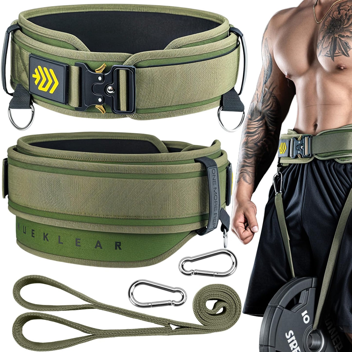 MANUEKLEAR 2-in-1 Weightlifting Belt & Dip Belt with 36.7 IN Rope, Double-Layer Weight Lifting Belts, Powerlifting Gym Weighted Belt for Pull Up Squat (Olive Drab, L(34-37in))