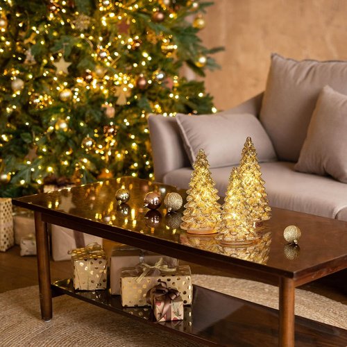 KI Store Lighted Glass Christmas Tree Figurine - Set of 3 Mercury Glass Decorations | Battery Operated with Timer