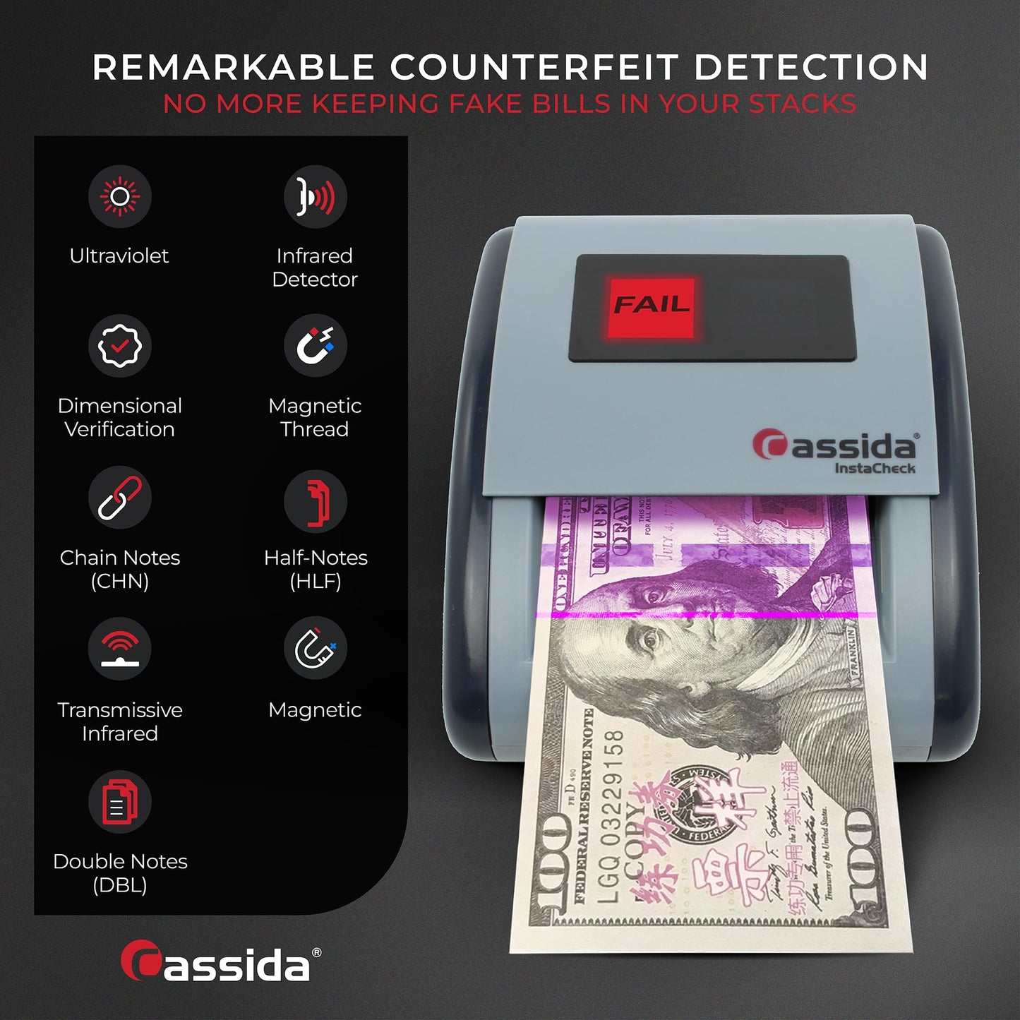 Cassida InstaCheck Small Footprint, Easy to Read Automatic Counterfeit Detector with Infrared, Magnetic and Ultraviolet Sensors, Compact and Lightweight Grey 11-3/4" x 9-1/2 (Pass/Fail)