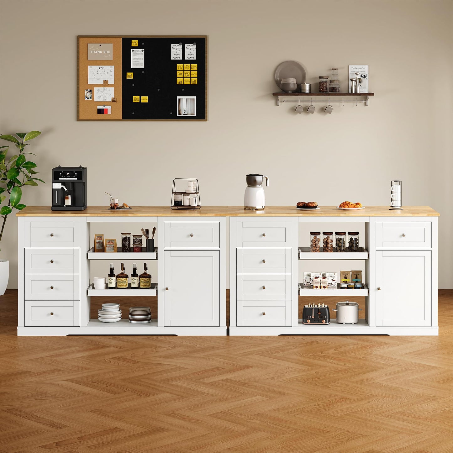 RoyalCraft 59'' Kitchen Island with Storage and Drop Leaf, Kitchen Island Table, Coffee Station Cabinet with Solid Rubber Wood Top, Pull-Out Trays, Drawers, Adjustable Shelves, Power Outlet, White