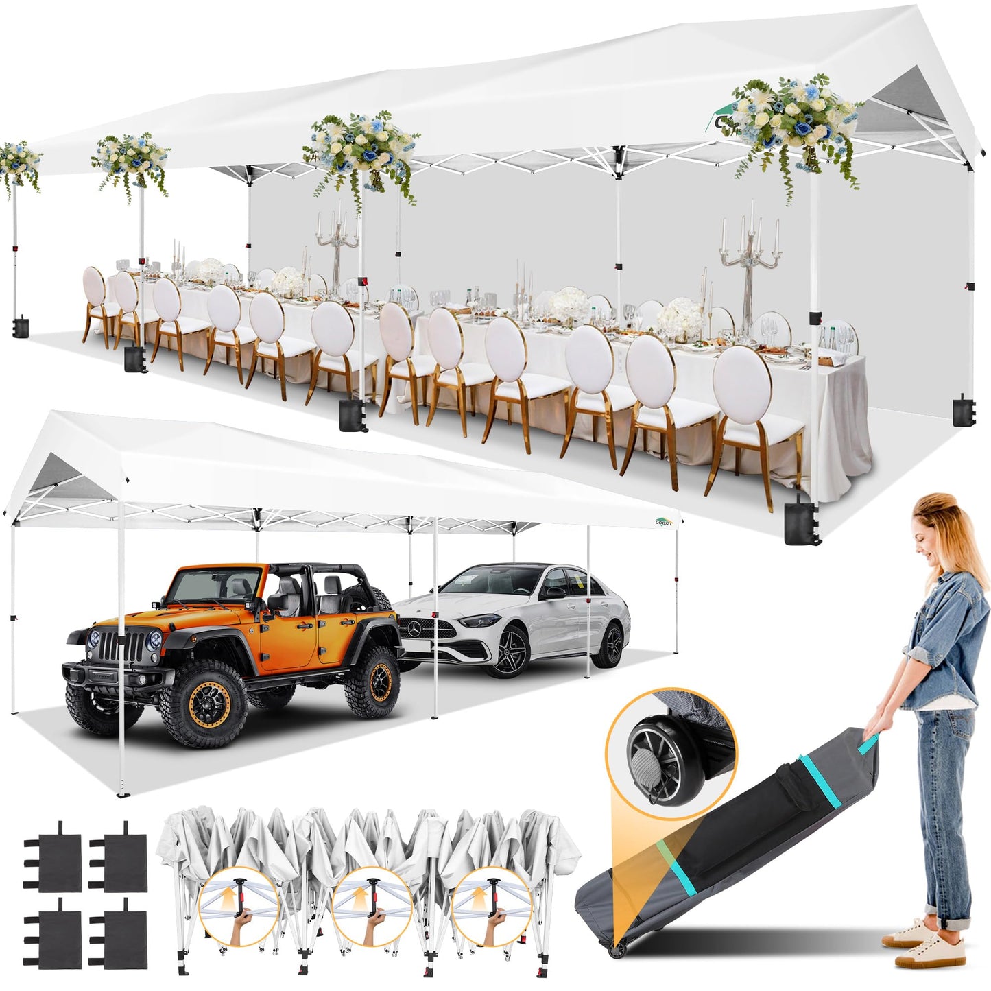 COBIZI Carport 10x30 Pop Up Canopy Car Tent with One Push Center Lock, Outdoor Portable Garage Tents for Parties UPF50+ Waterproof All-Season Car Canopy with Wheeled Bag,3 Sidewalls, Adjustable Height