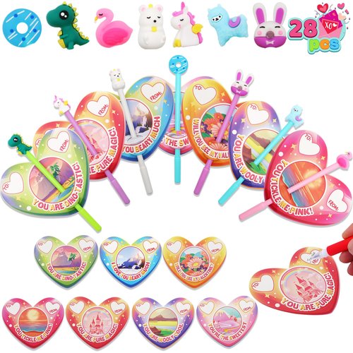 JOYIN 28 Packs Valentine Animal Pen with Greeting Cards, Stationery Gift Set for Kids, Classroom Exchange Prizes