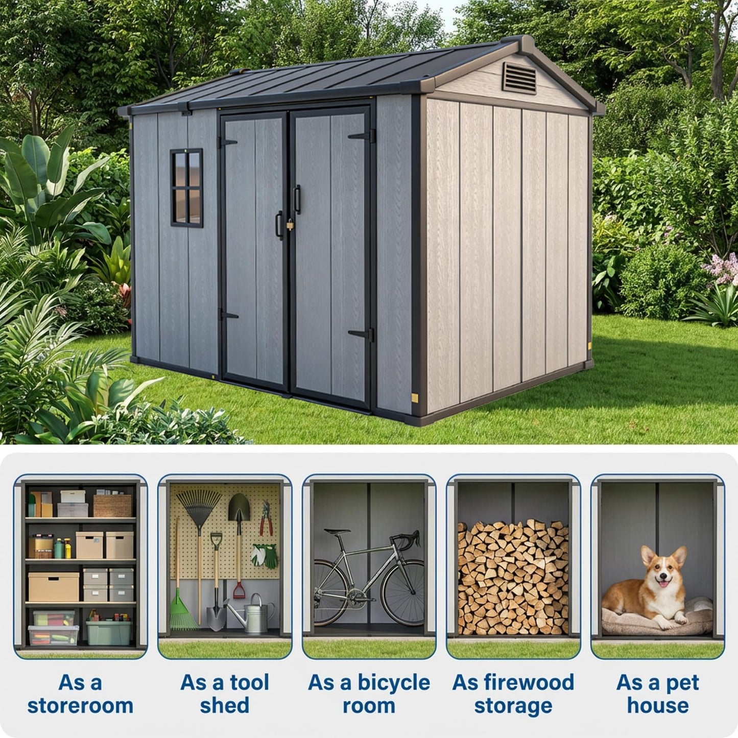Outdoor Storage Shed, 6x8 FT, Tool Storage Shed with Floor for Patio, Backyard, Garden Tools and Bike, Light Gray