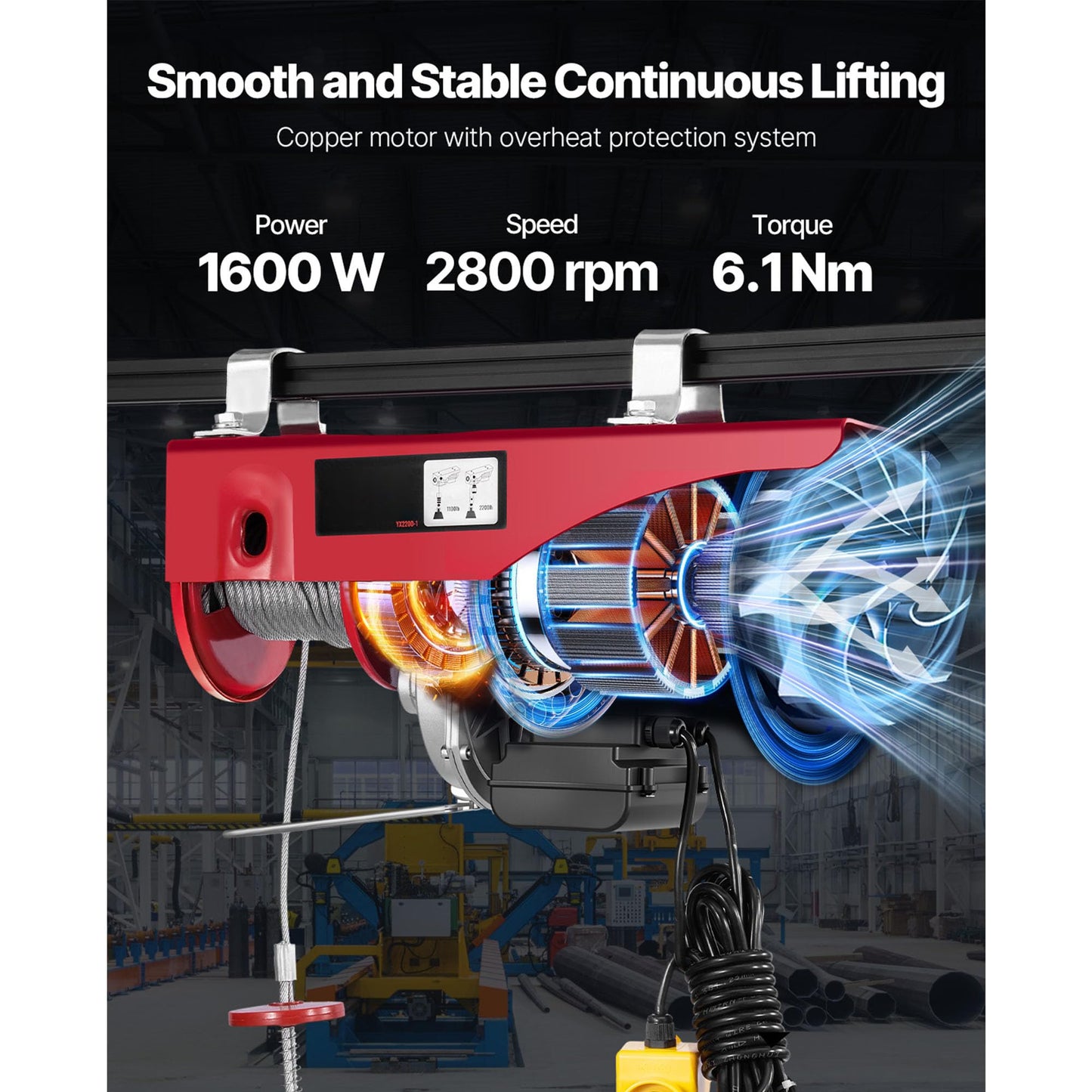 Happybuy Electric Hoist, 2200 lb Overhead Crane Garage w/Steel Hook, Remote Control & Emergency Stop Switch Ceiling Pulley Winch for Warehouse, Construction, Goods Lifting, 110V Red, 2200Lbs