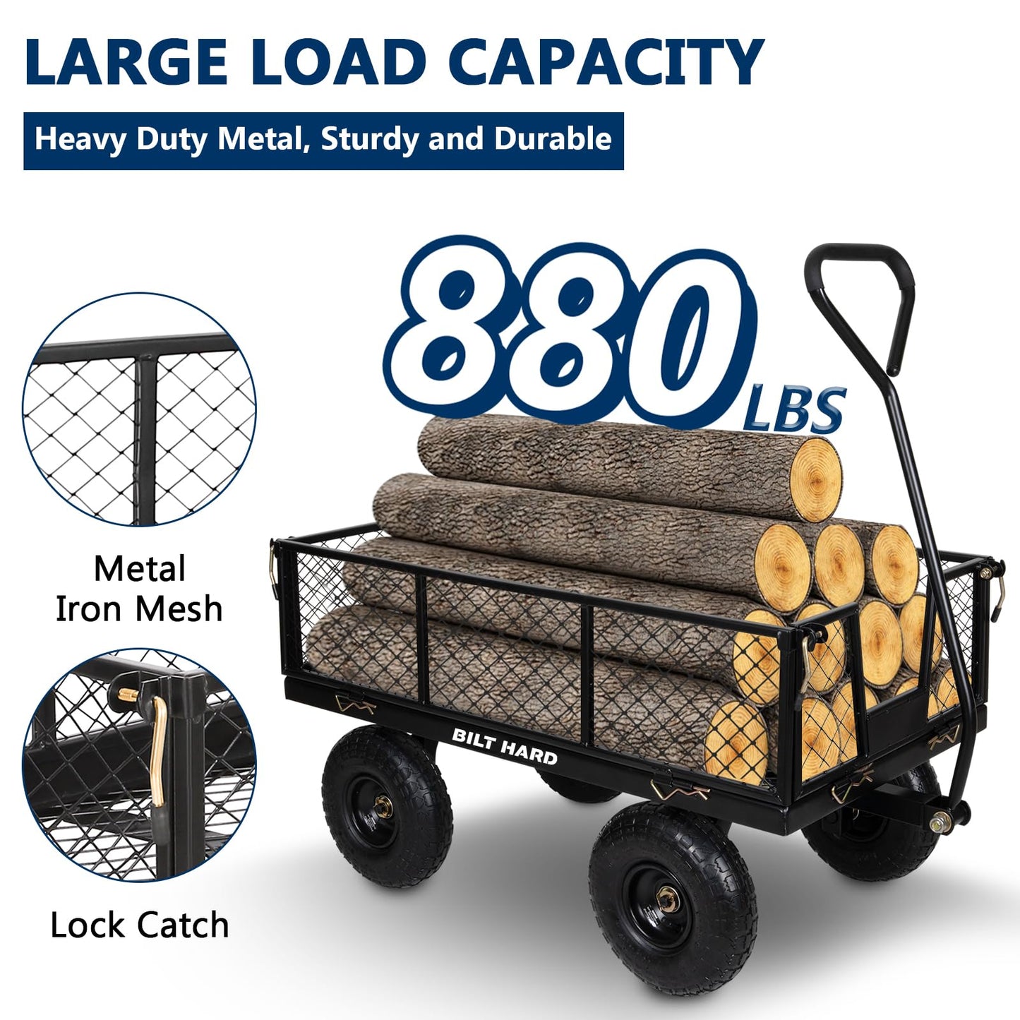 BILT HARD Heavy Duty 880 Lbs Capacity Mesh Steel Garden Cart, 4 Cu.Ft Heavy Duty Garden Cart with 180° Rotating Handle, Removable Sides, All Terrain Wheels, Capacity Utility Steel Wagons for Yard
